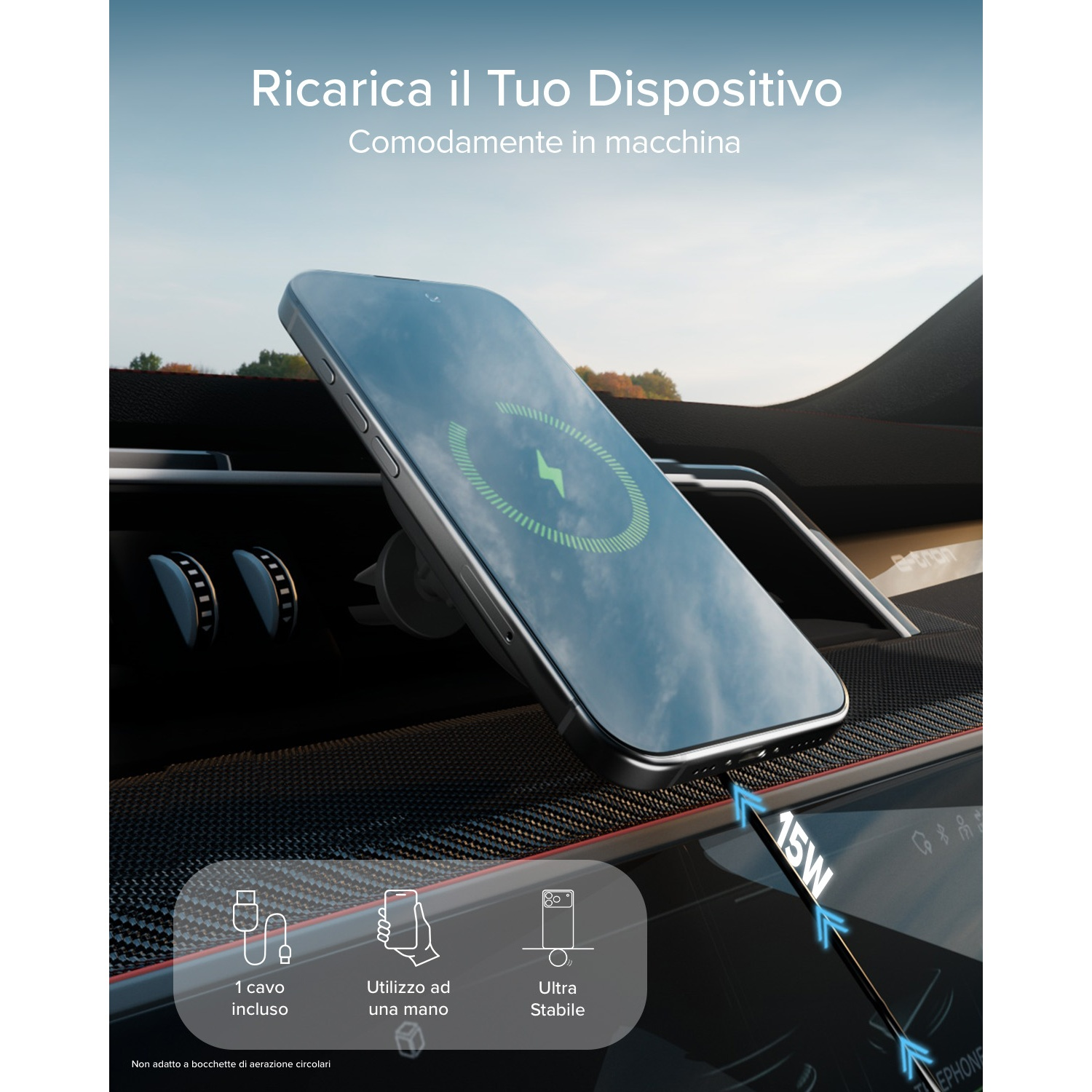 Uno smartphone si carica su un supporto per auto in un'auto. Carica 15W.
