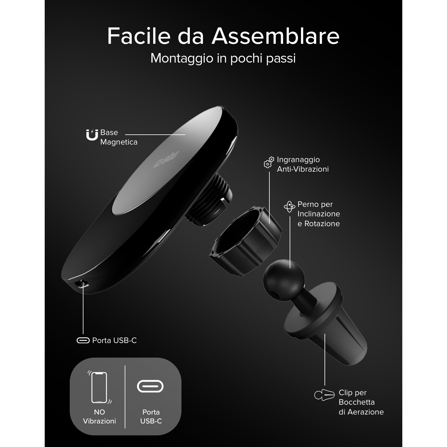 Un supporto magnetico nero per telefono con accessori, componenti dettagliati ed etichette.