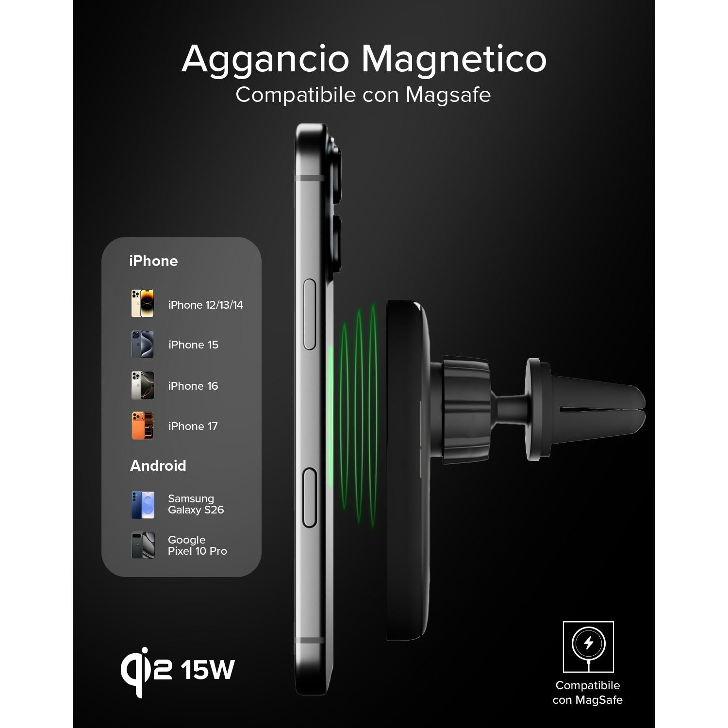 Supporto magnetico per telefono con clip per bocchetta. 15W.