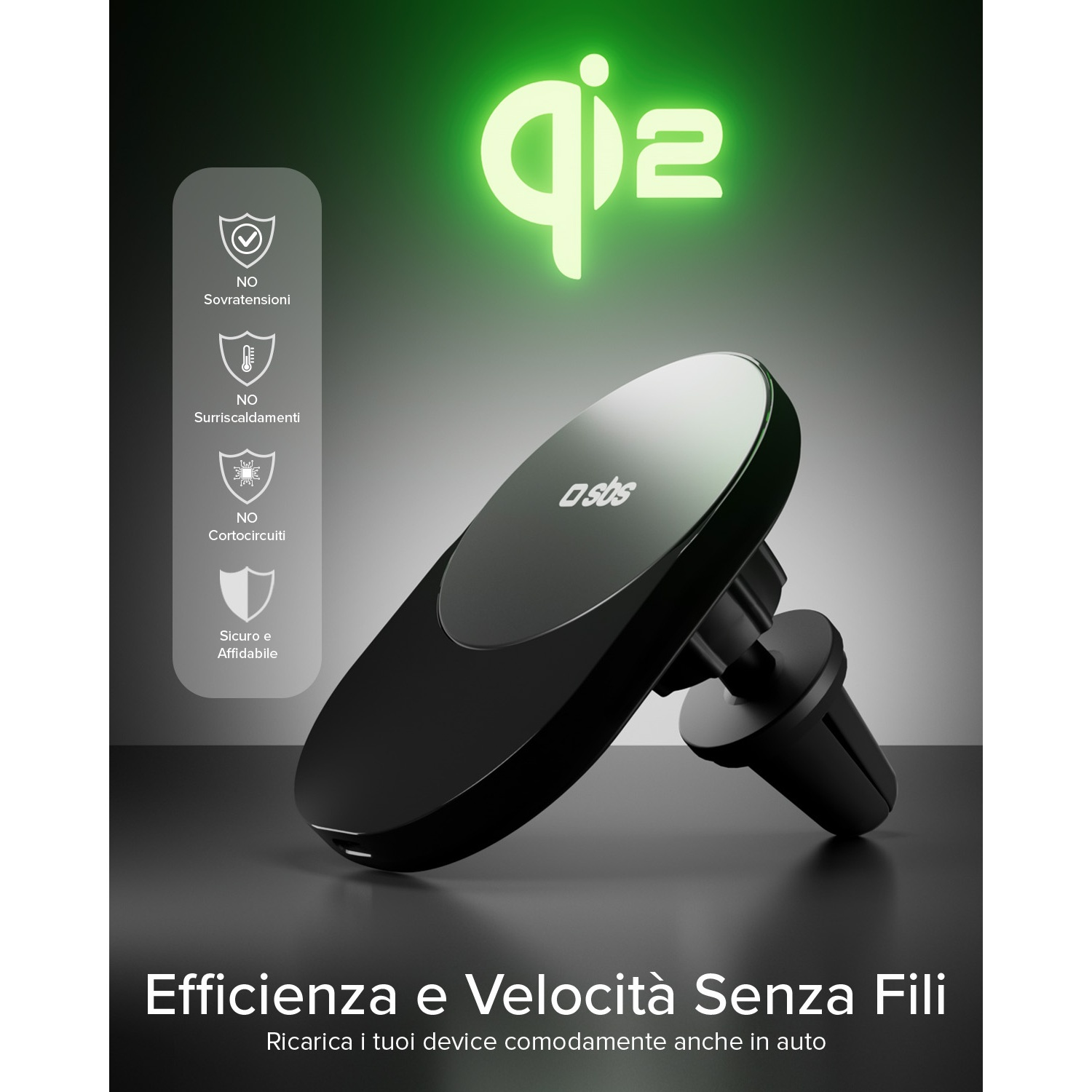 Caricatore auto Qi2 nero con logo SBS, icone di protezione e testo.