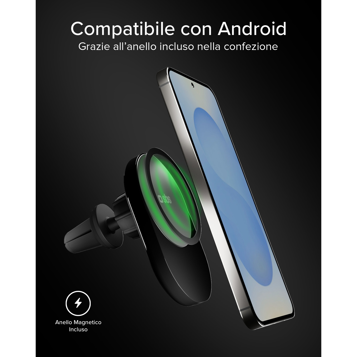 Uno smartphone con supporto magnetico e funzione di ricarica.