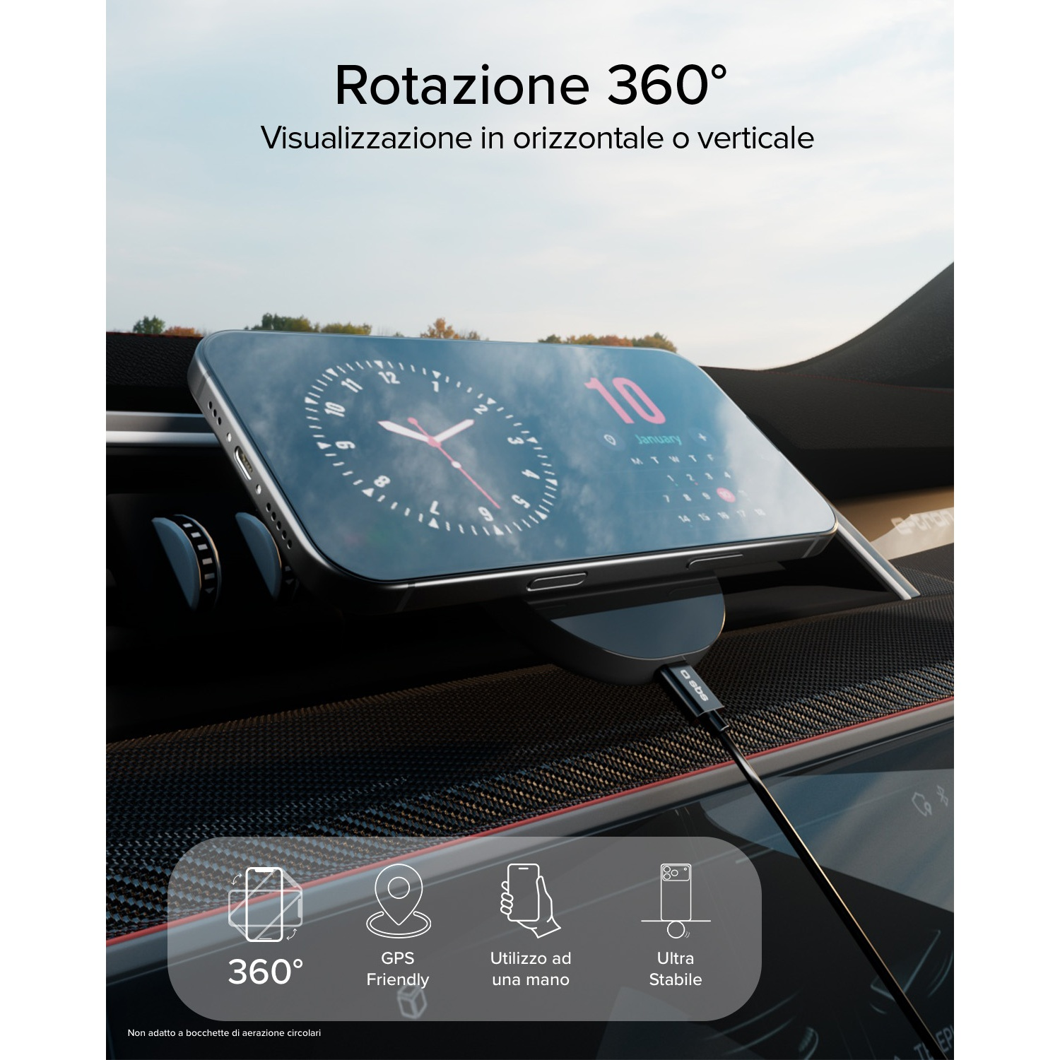 Uno smartphone si carica su un supporto per auto nero con rotazione a 360 gradi.