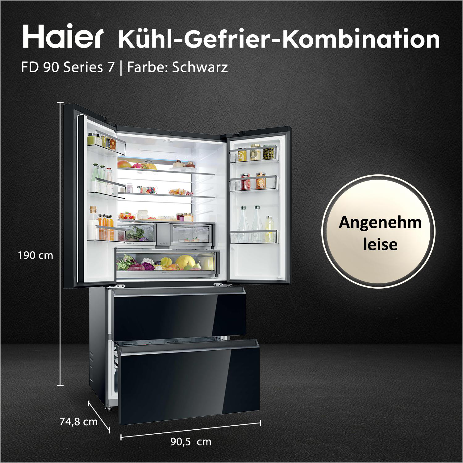 Schwarze Haier Kühl-Gefrier-Kombination, 190cm hoch, mit offenen Türen.