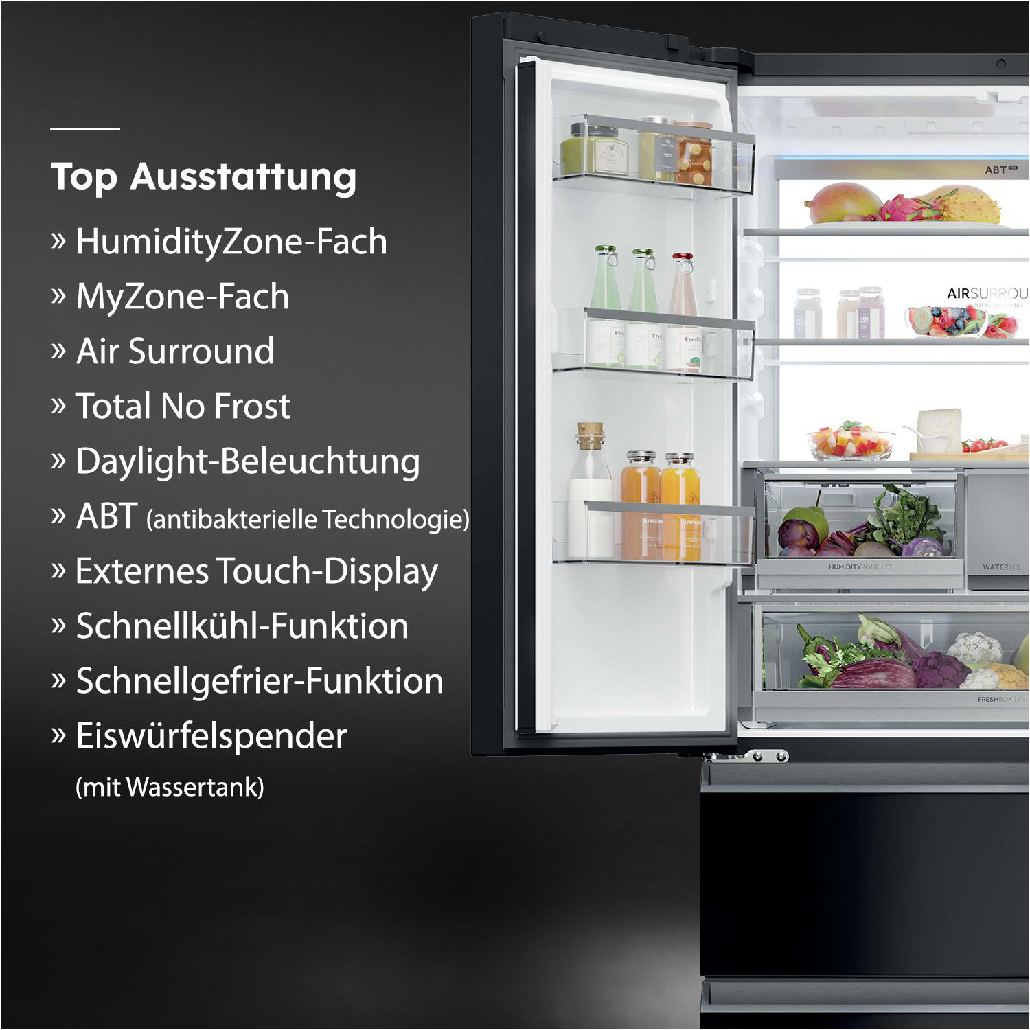 Ein offener Kühlschrank mit vielen Funktionen und Lebensmitteln.