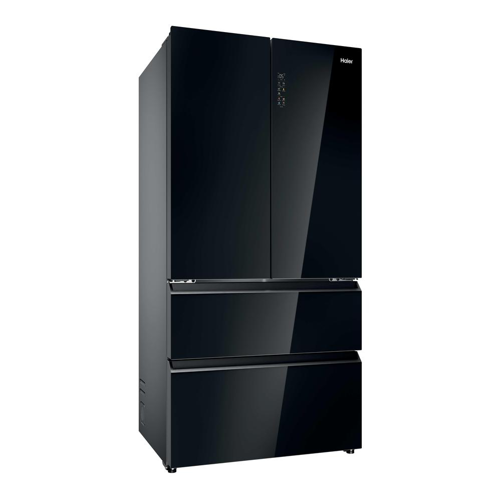 Schwarzer Haier Kühlschrank mit Touchscreen-Bedienfeld und drei Schubladen.