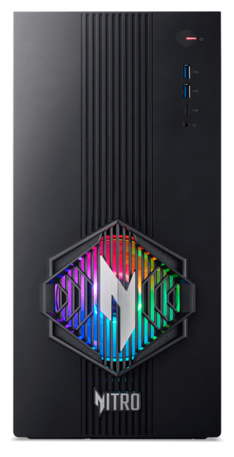 Caja de PC negra con ventiladores RGB y logo "M".
