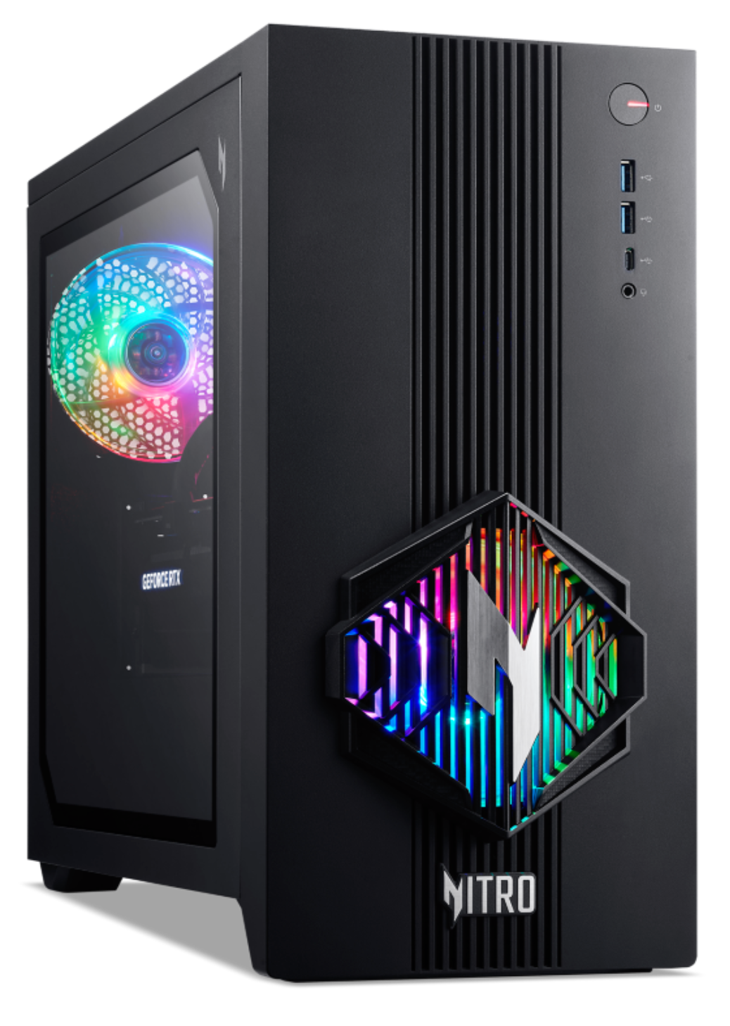PC gaming negro con iluminación RGB en ventilador y panel frontal.
