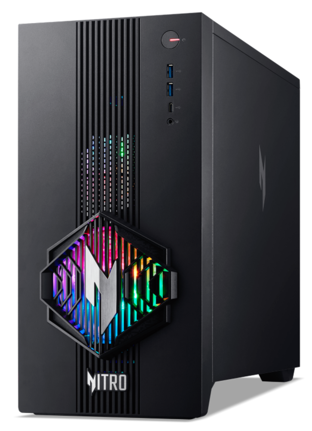 PC gaming negro con iluminación RGB colorida y el logo Nitro.