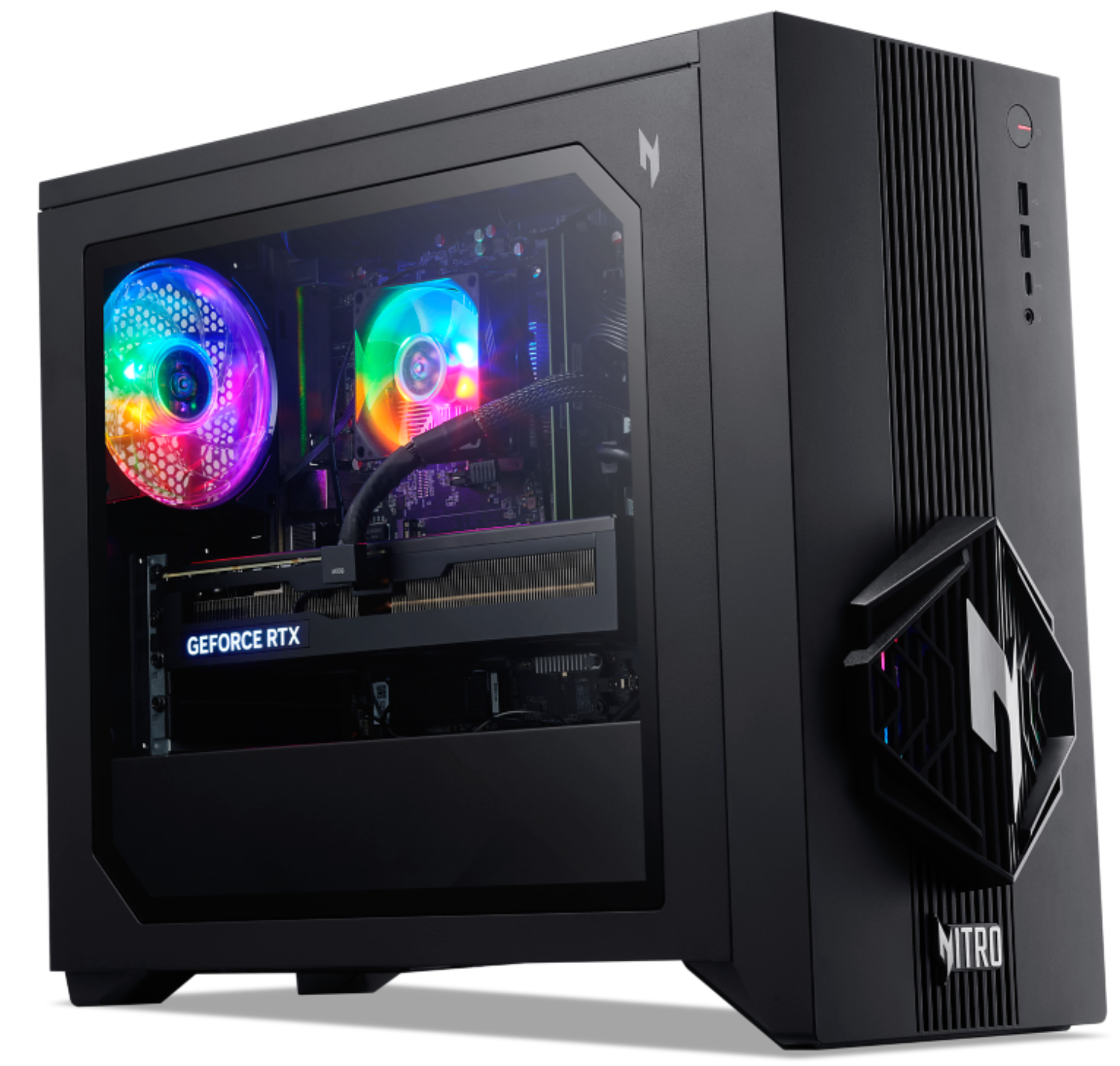 PC gaming negro con ventiladores iluminados y tarjeta gráfica GeForce RTX.