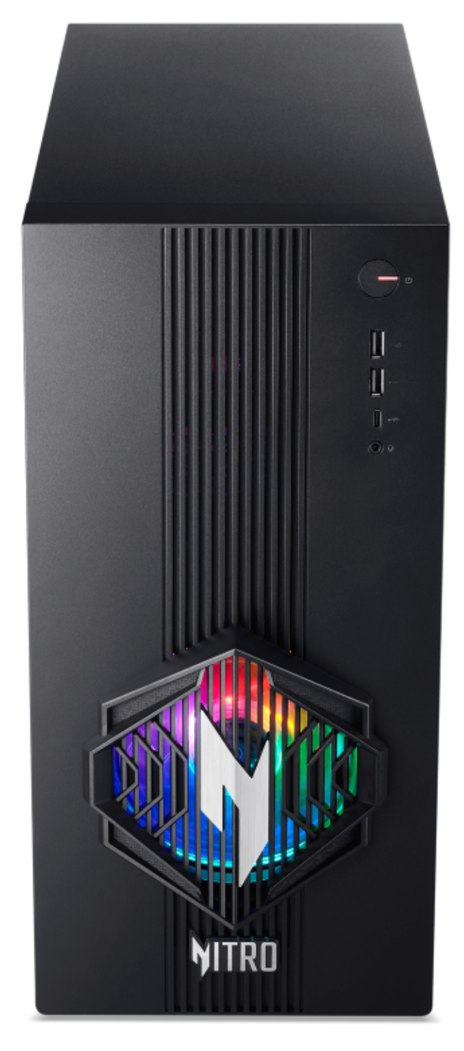 Torre de PC negra con logo Nitro iluminado y ventiladores.