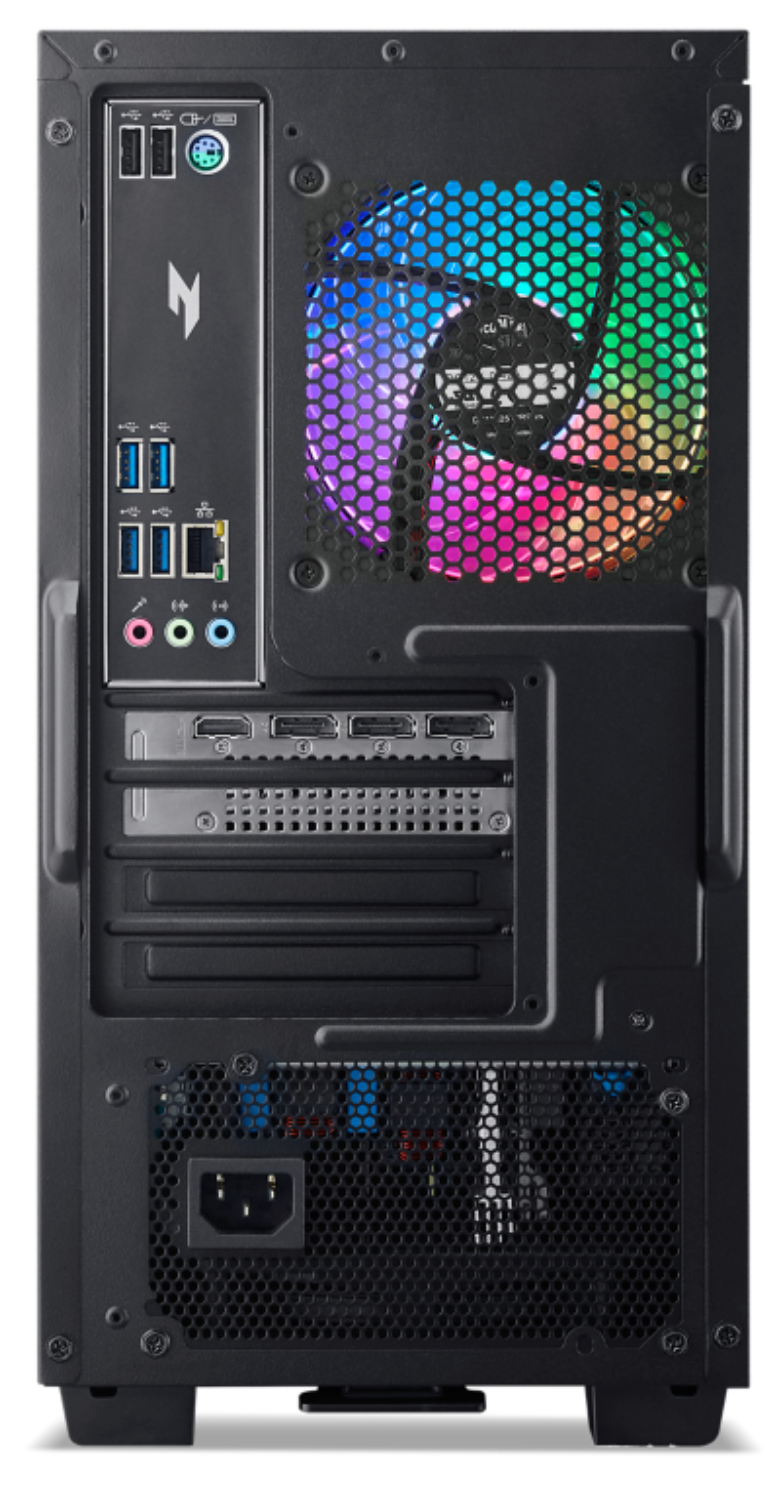 Parte trasera de un PC con puertos, ventilador RGB y conector de fuente.
