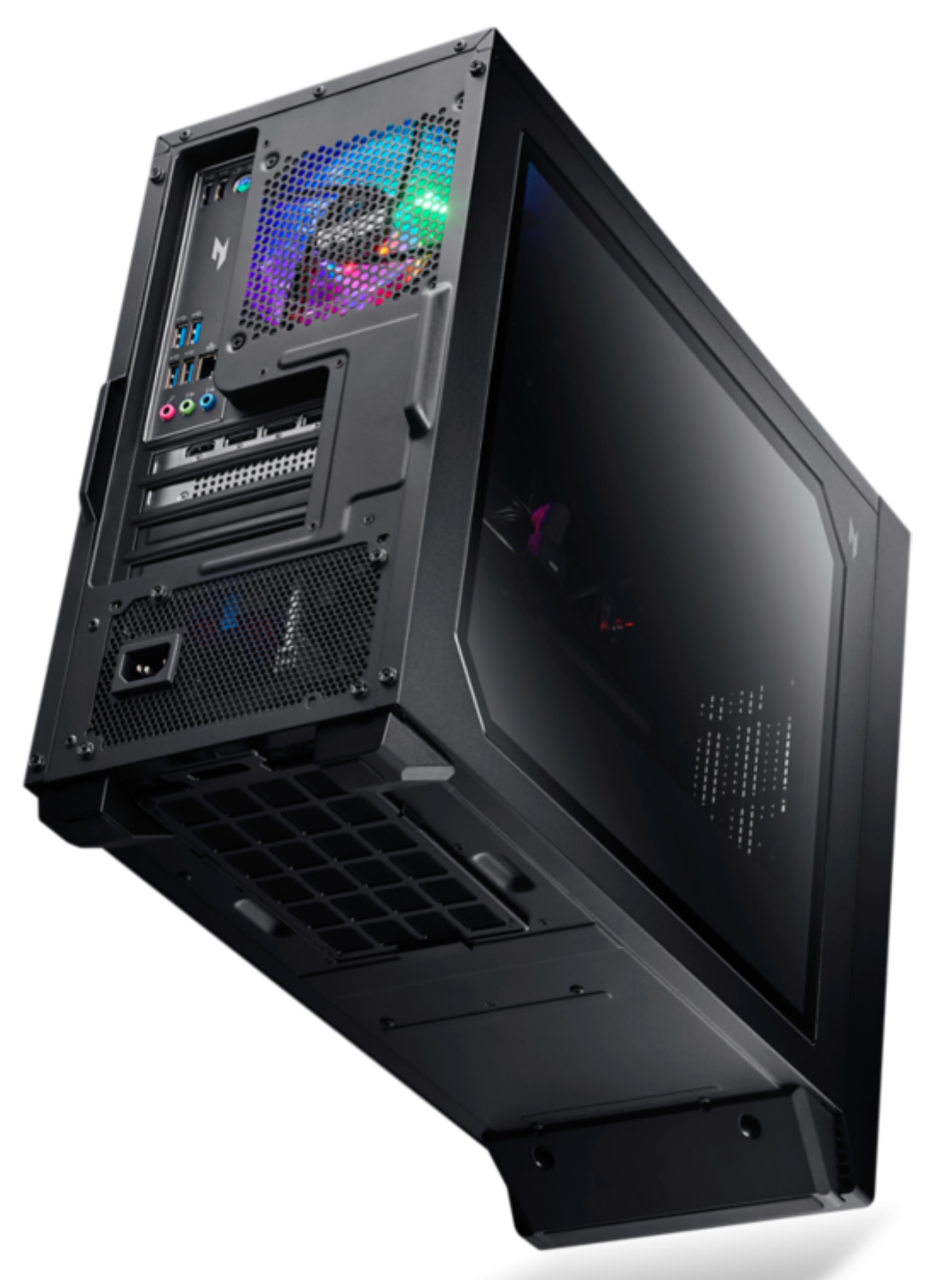 Torre de PC negra con ventiladores RGB y puertos traseros visibles.