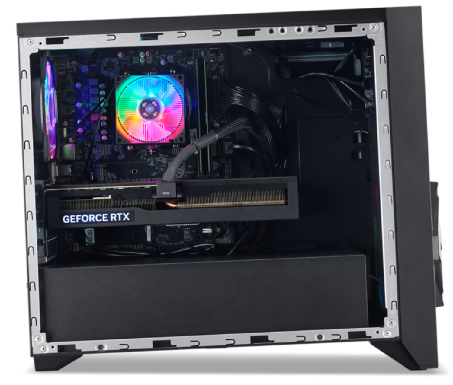 Vista interior de un PC con refrigerador de CPU colorido y tarjeta gráfica RTX.