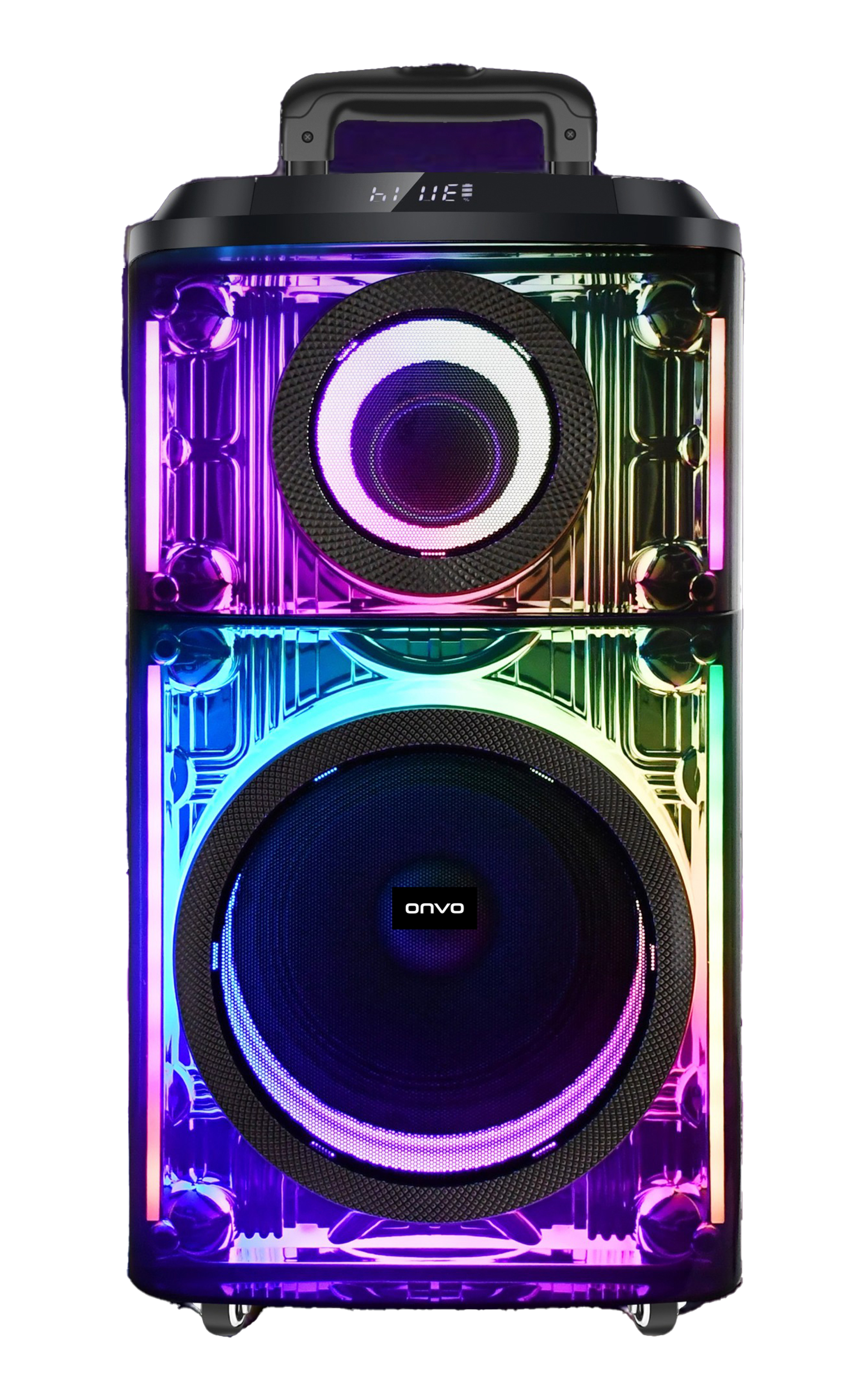 RGB aydınlatmalı ve dijital ekranlı taşınabilir hoparlör.
