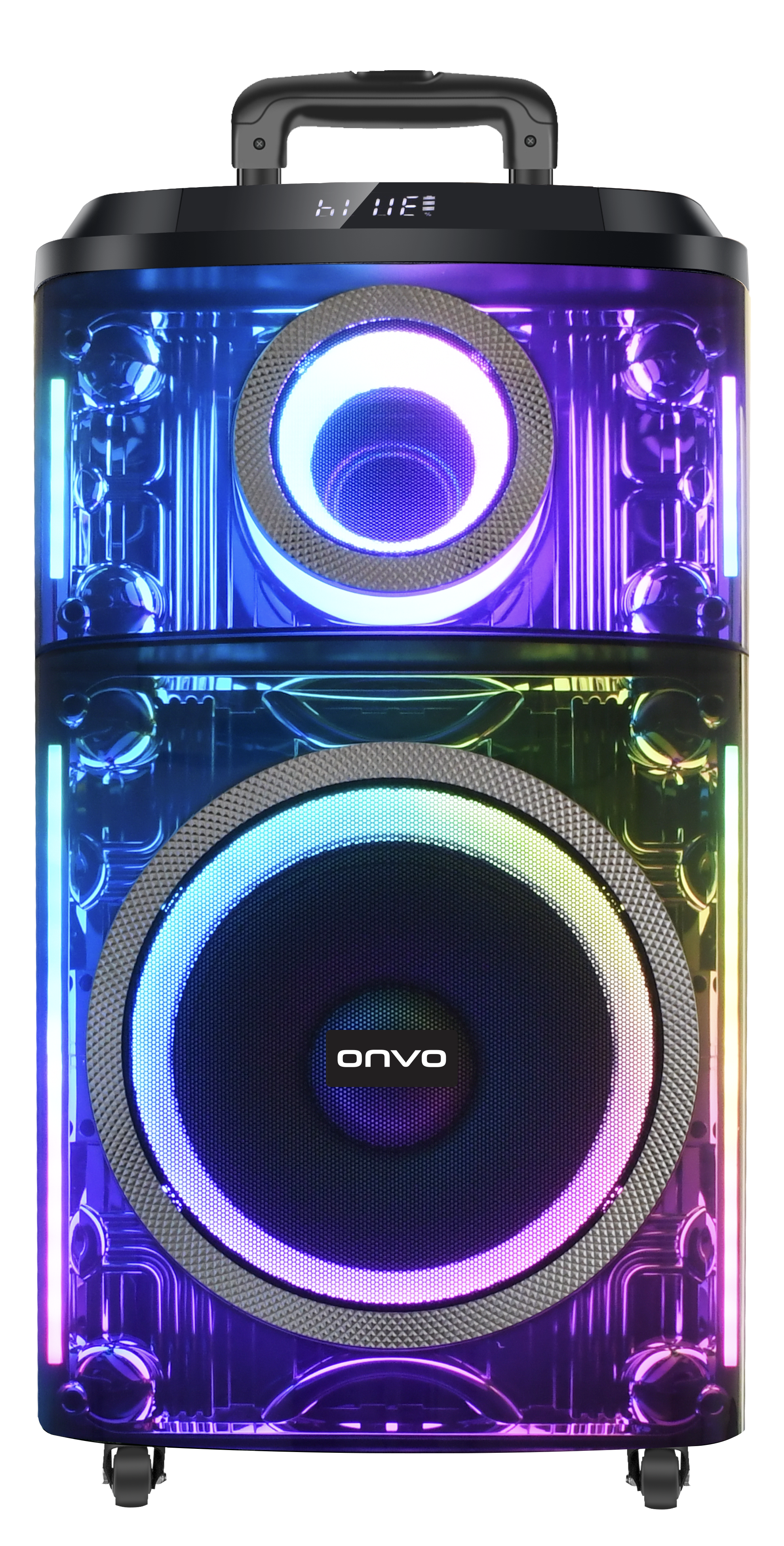 İki sürücülü, RGB aydınlatmalı ve dijital ekranlı taşınabilir hoparlör.