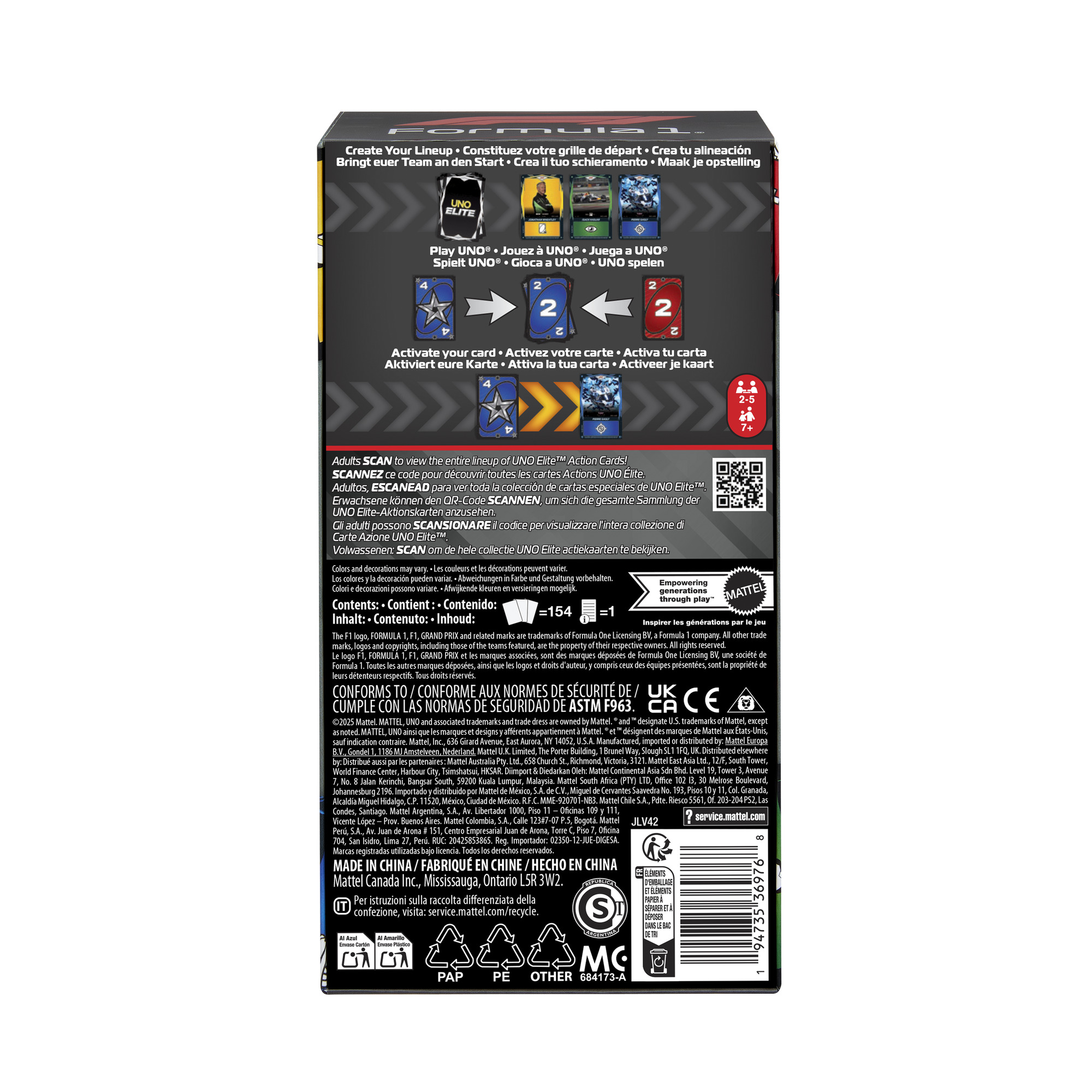 UNO Elite Formel 1 Kartenbox mit Spielanleitung, QR-Code und Lizenzinformationen.