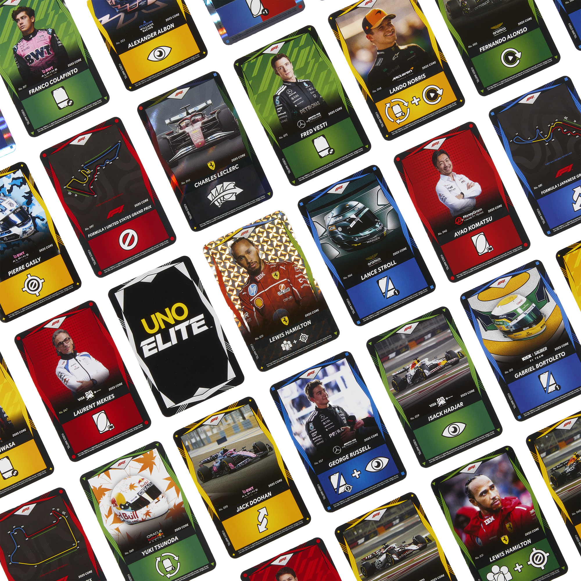 Formel 1 UNO Elite Karten mit Fahrern, Autos und Streckenlayouts.