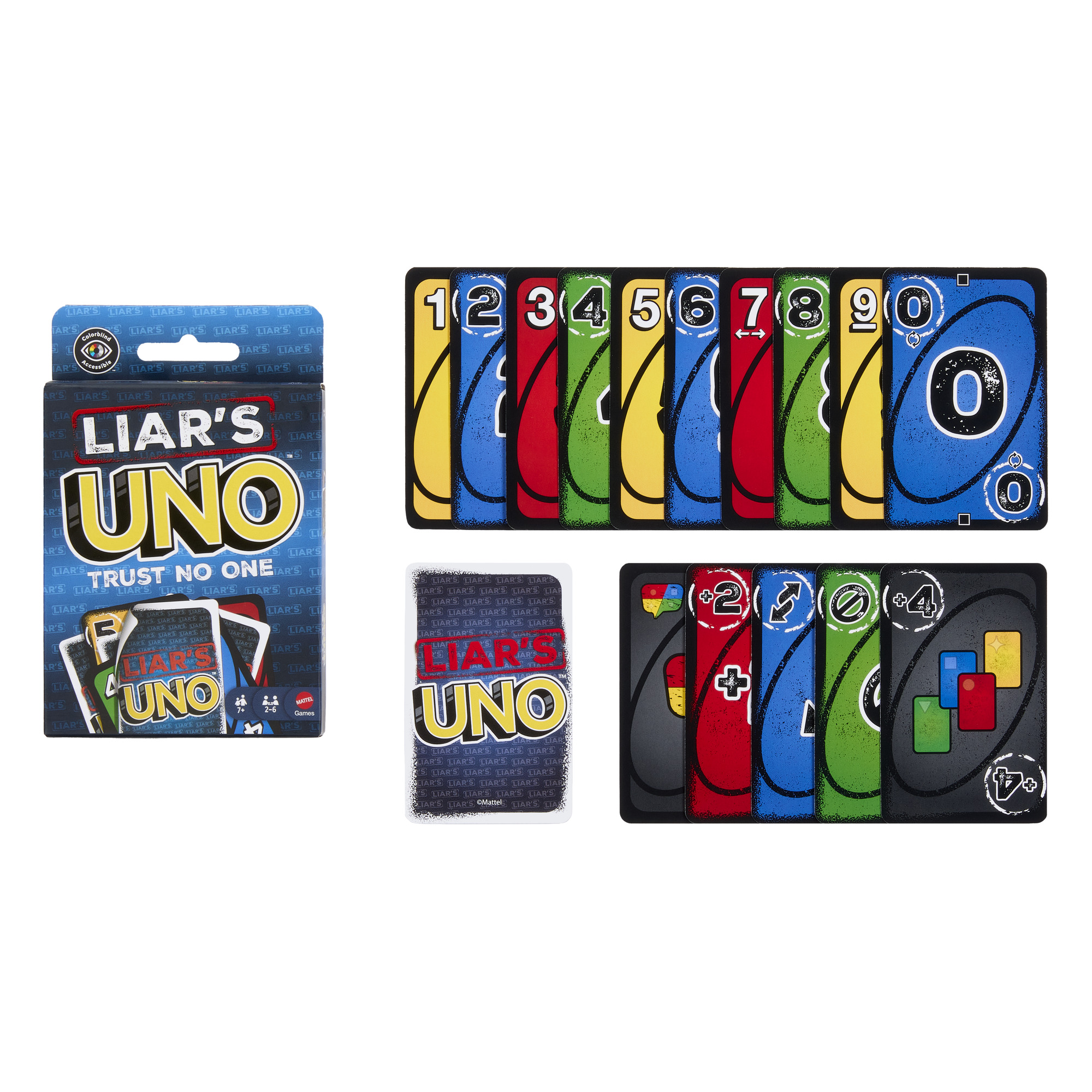 UNO Liar's Kartenspiel mit nummerierten und Aktionskarten.