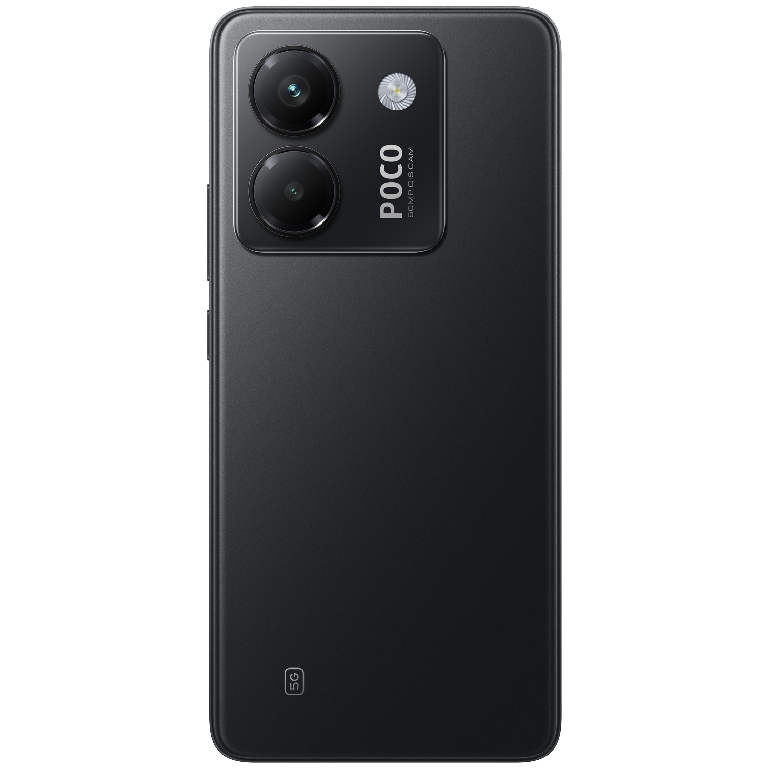 Zwarte smartphone met POCO-logo en twee cameralenzen bovenaan.