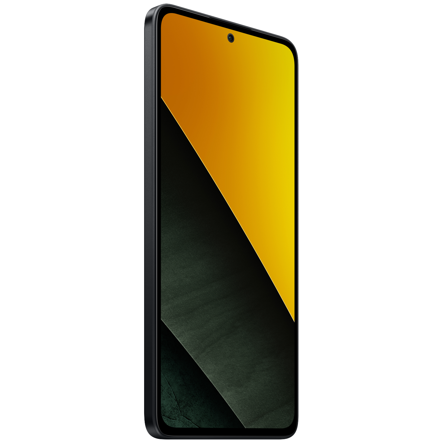 Een donkere smartphone met een geel-groene geometrische achtergrond.