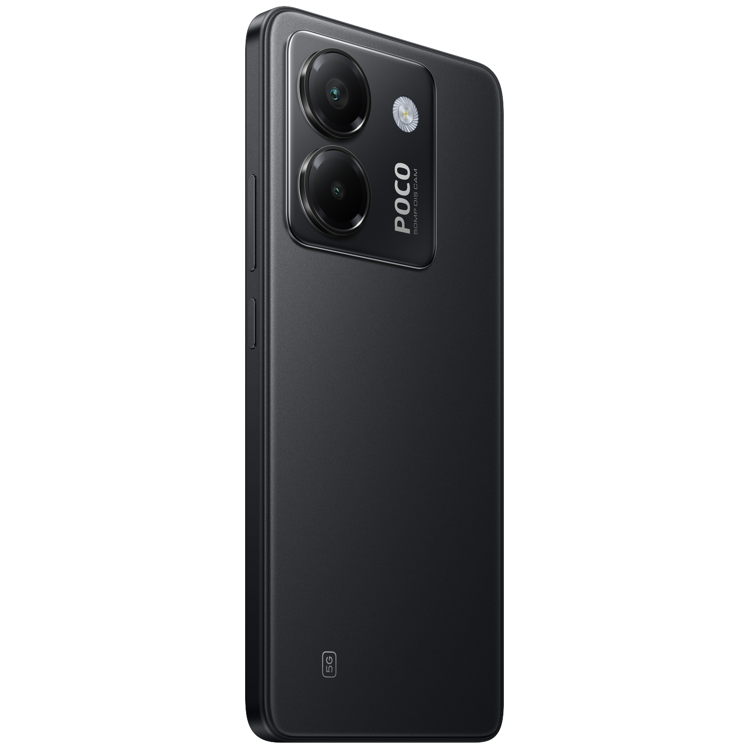 Een zwarte smartphone met POCO-logo en drie camera's aan de achterkant.