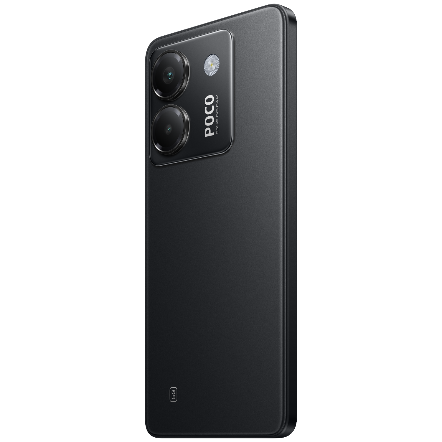 Zwarte smartphone met POCO-logo, dubbele cameralenzen en flitser.
