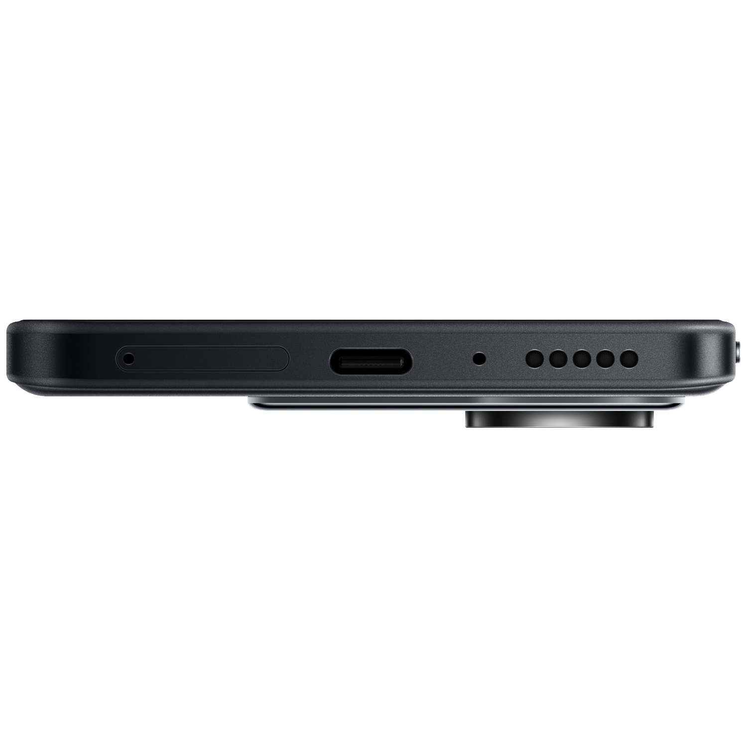 Onderkant van een zwarte smartphone met USB-C-poort en luidsprekerroosters.