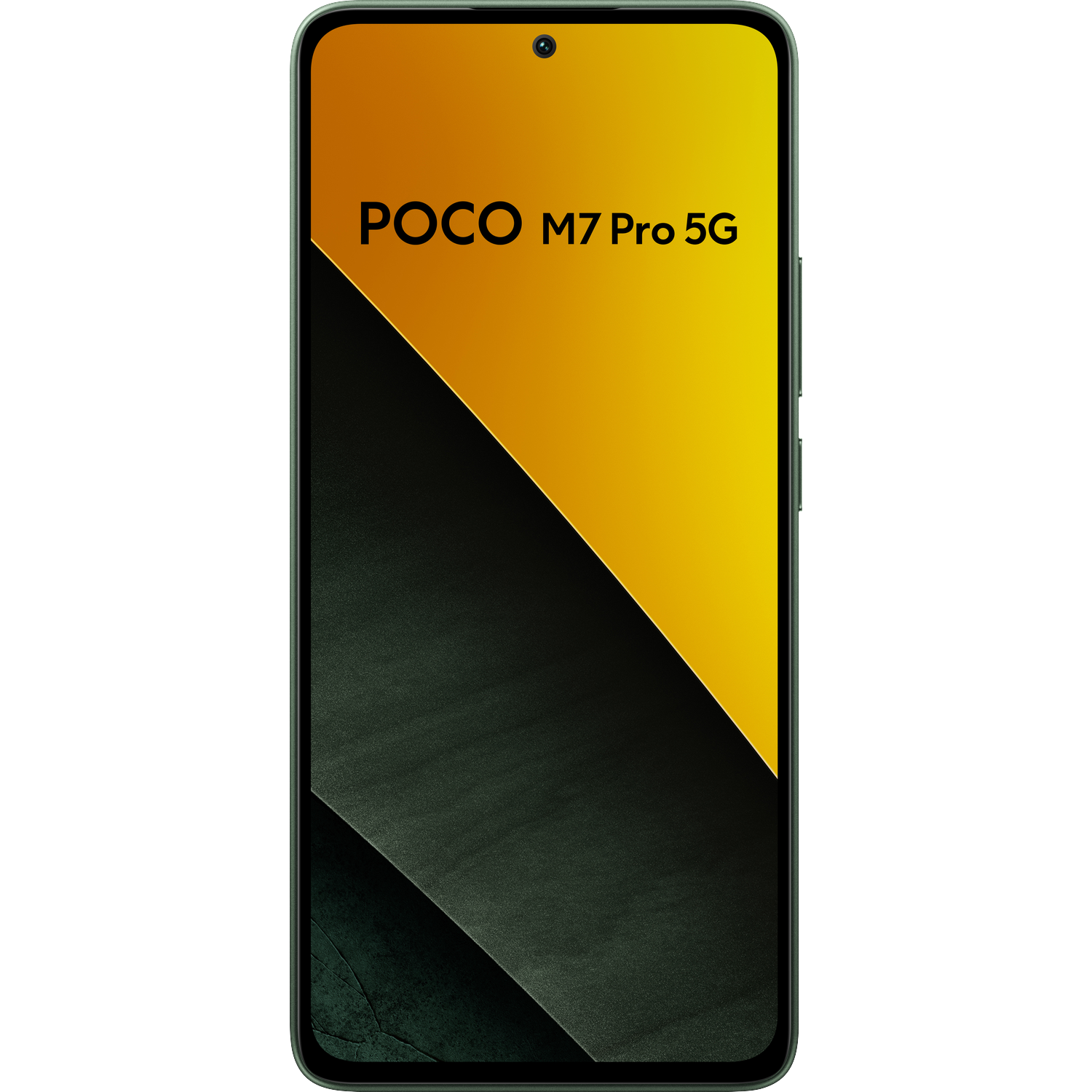Een POCO M7 Pro 5G smartphone met een gele en grijze achtergrond.