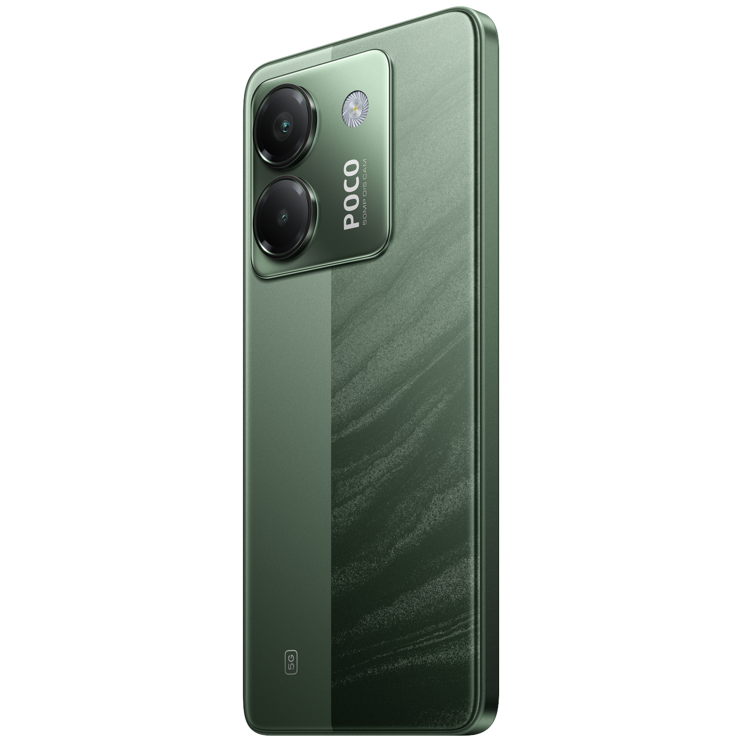 Groene smartphone met POCO-logo en twee camera's. 5G-symbool onderaan.