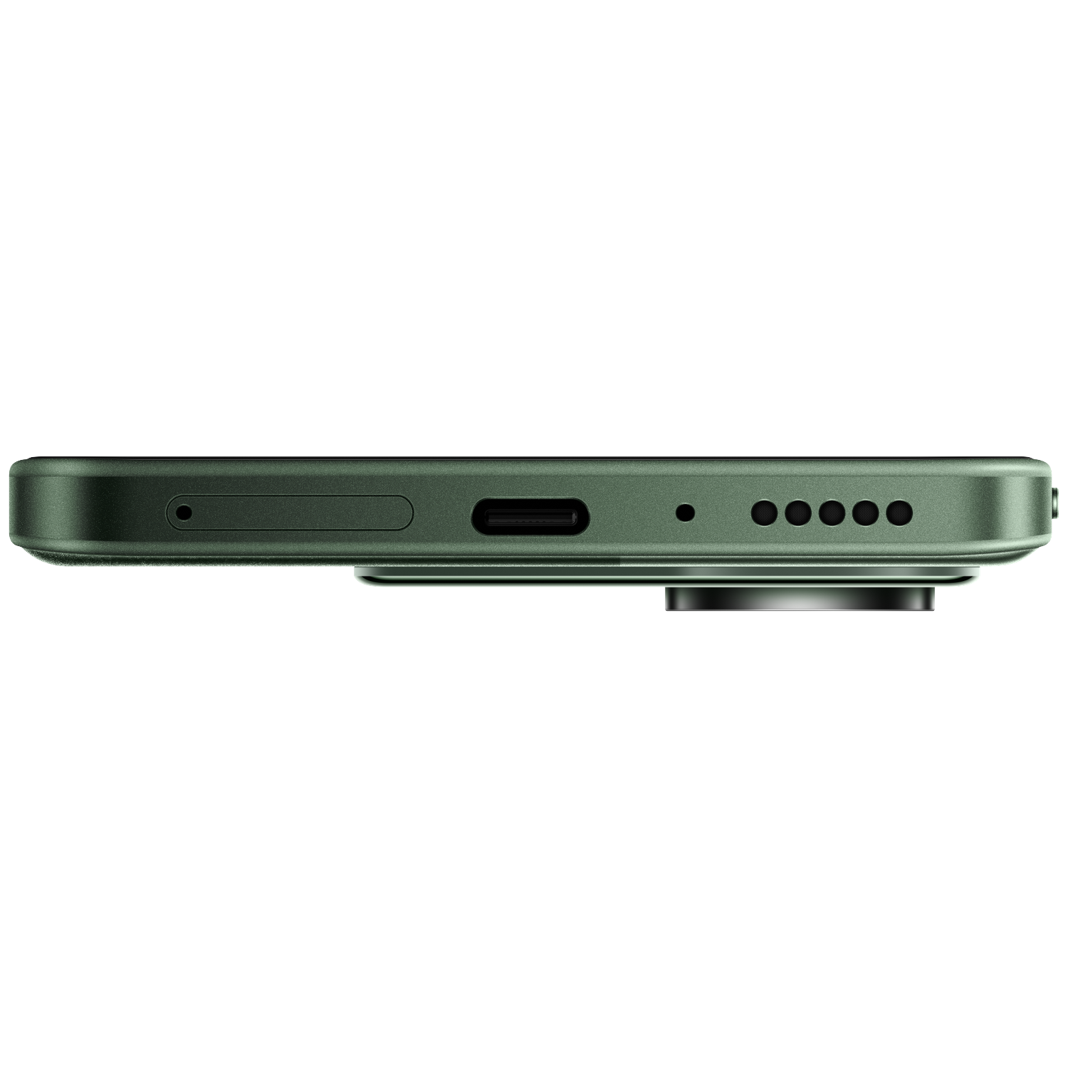 Groene smartphone met oplaadpoort, microfoon en luidroosterraster.