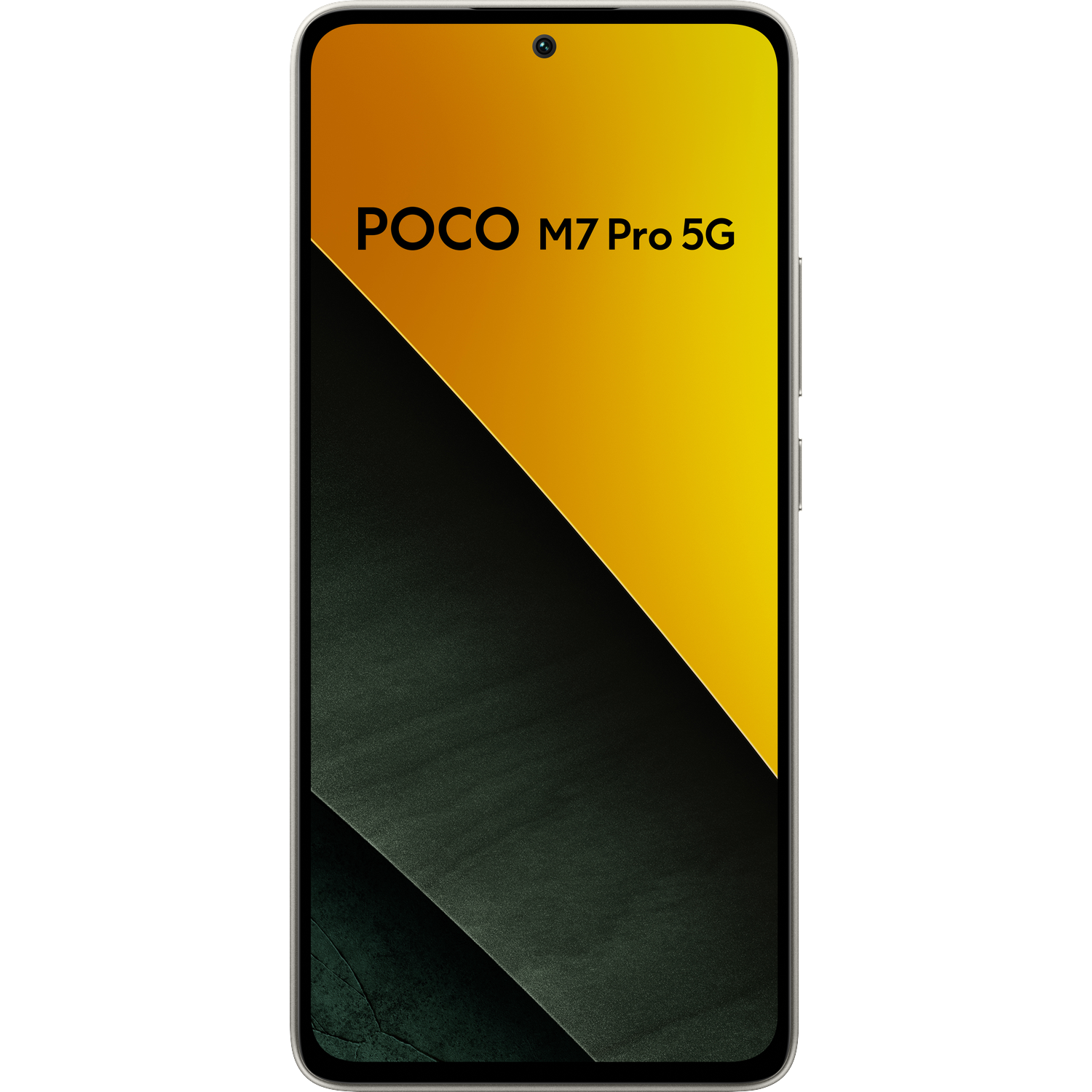 POCO M7 Pro 5G telefoon met geel-zwarte achtergrond.