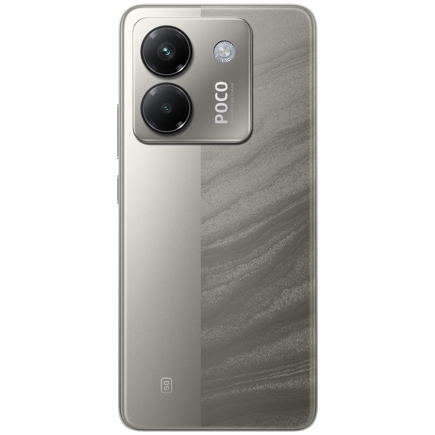 Achterkant van een grijze Poco smartphone met twee cameralenzen en 5G-logo.