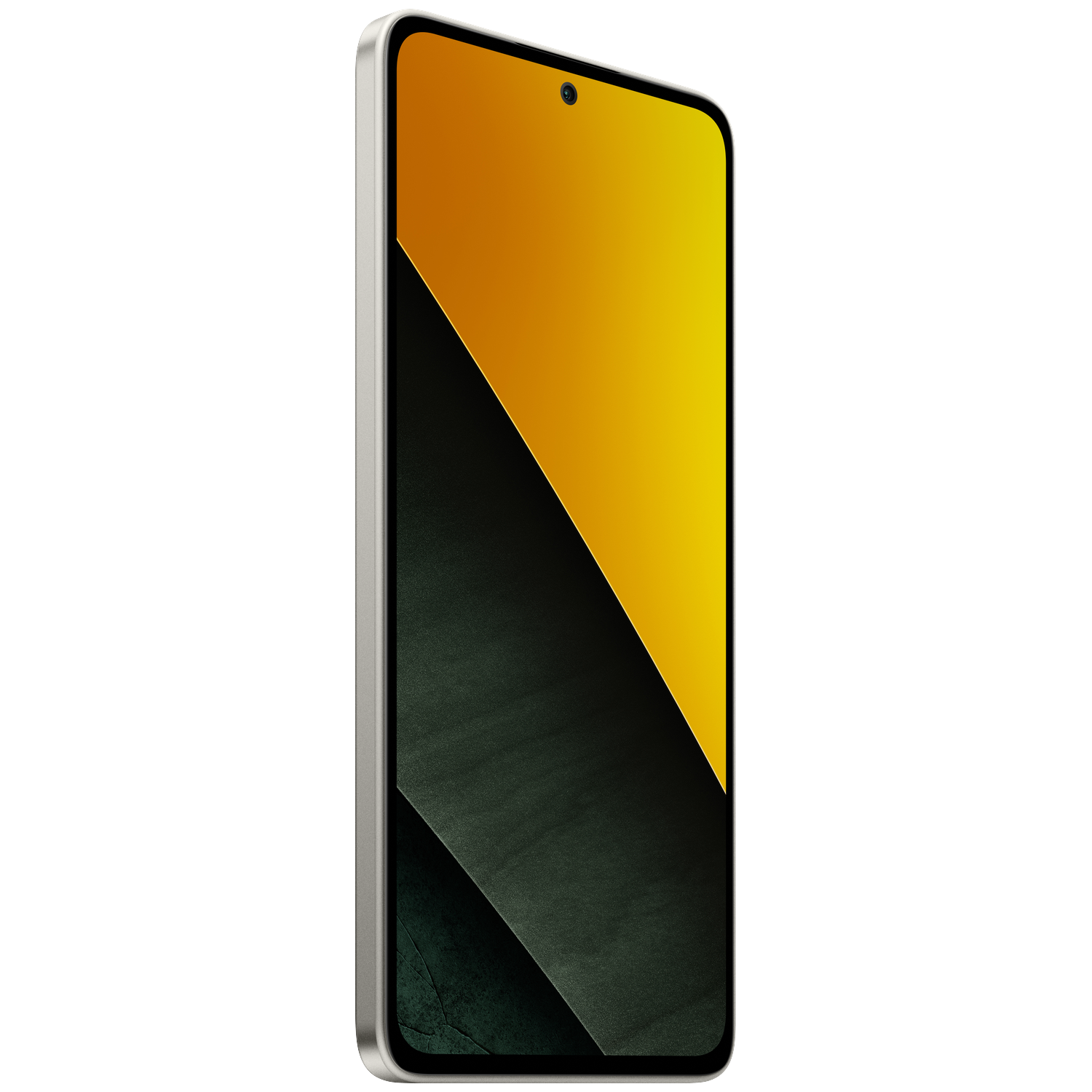 Een smartphone met zilver frame en een gesplitste schermachtergrond van geel en donkergroen.