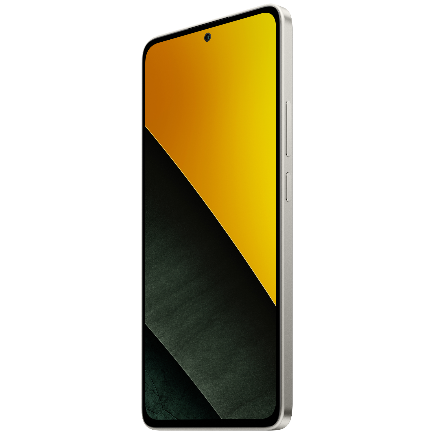 Een zilveren smartphone met een geel en donker scherm.