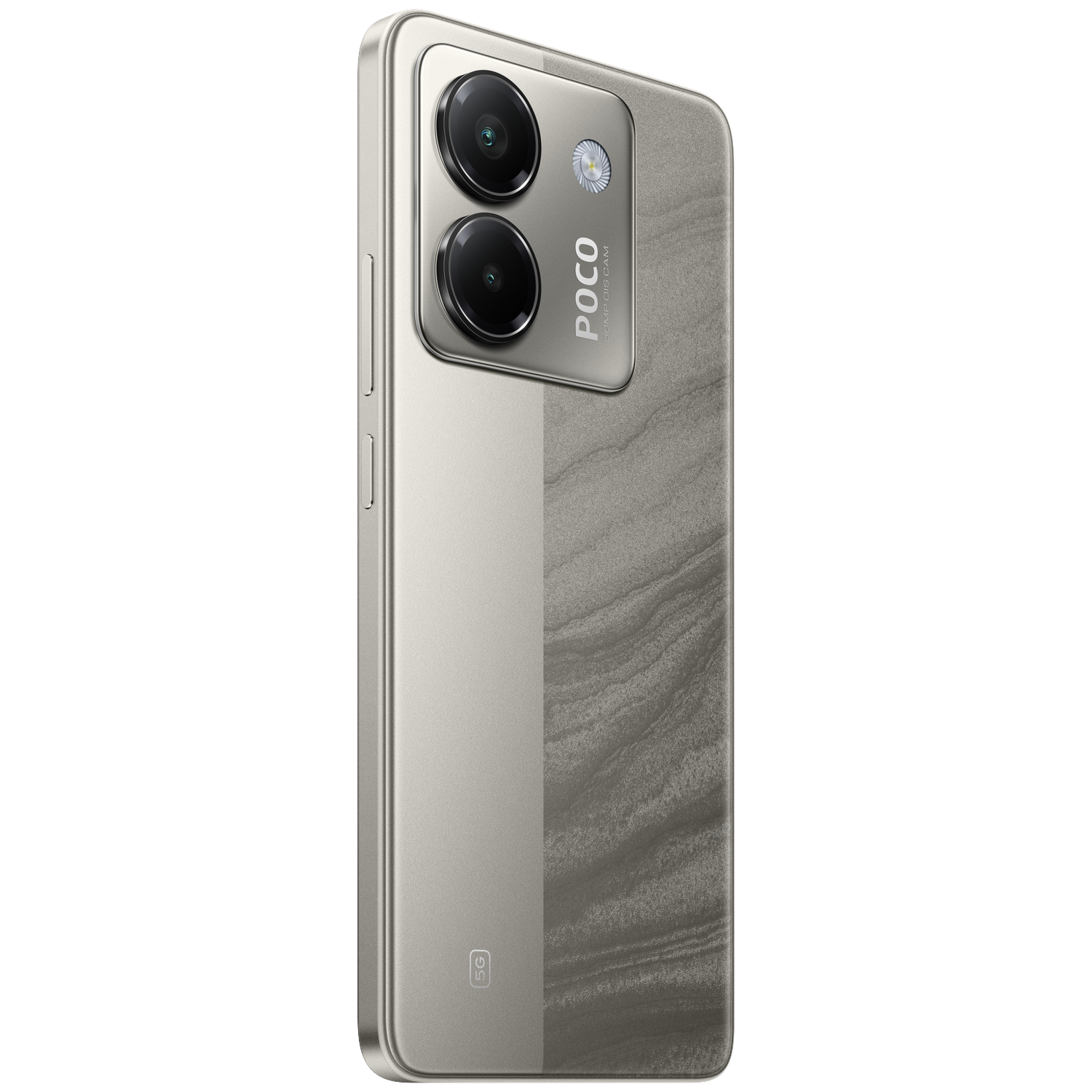 Achterkant van een zilveren Poco smartphone met twee camera's en patroon.