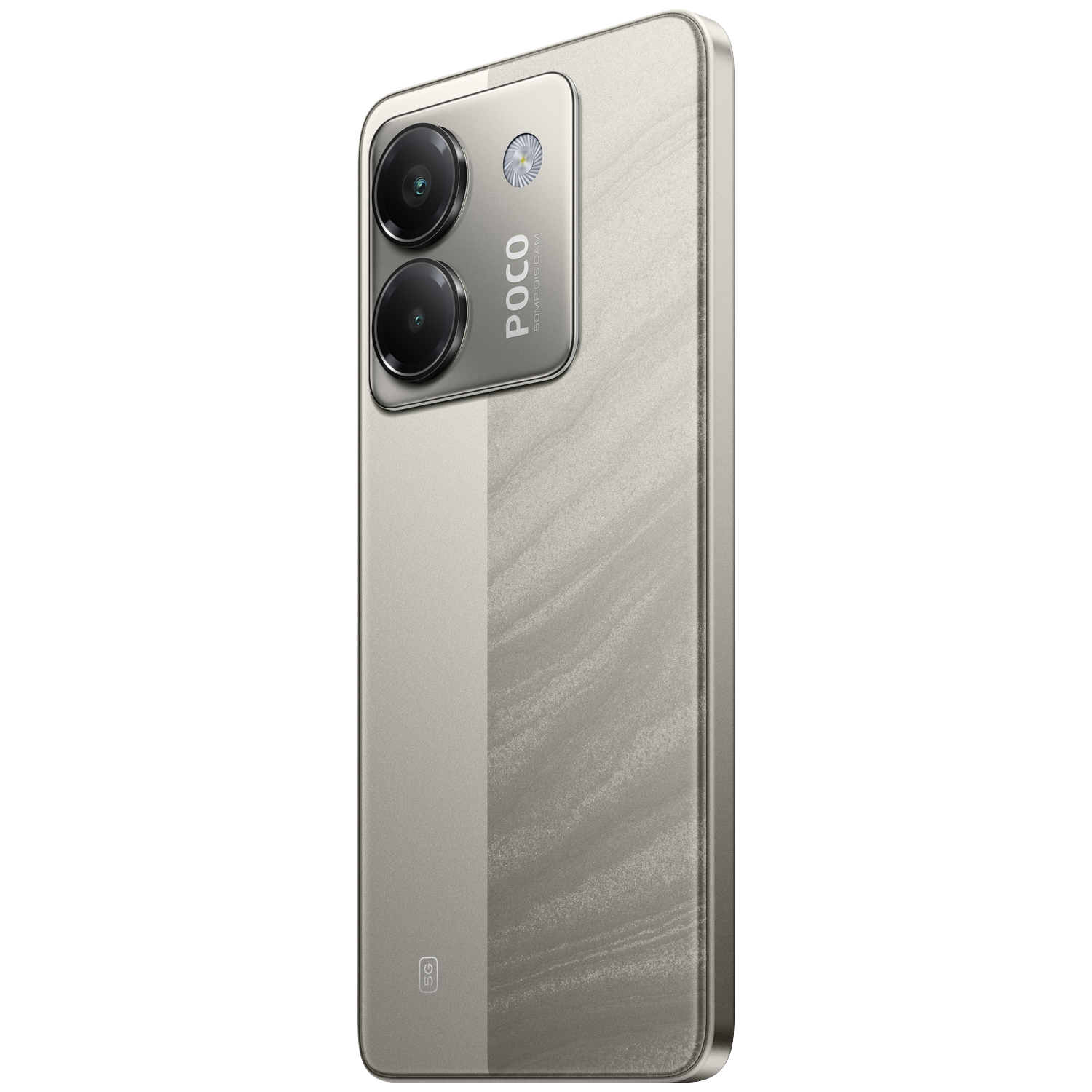 Achterkant van een zilveren POCO smartphone met twee camera's en 5G-logo.
