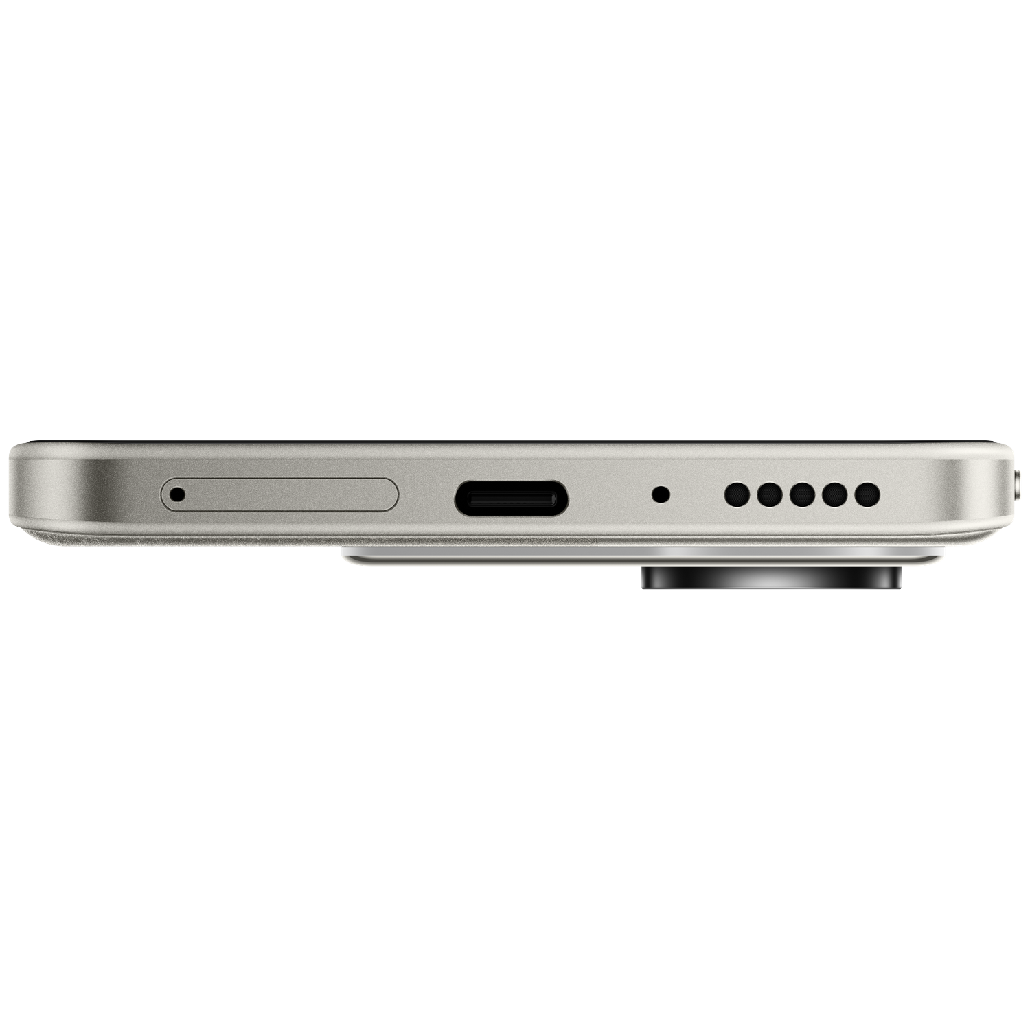 Zijaanzicht van een smartphone met USB-C-poort, luidsprekergaten en simkaartlade.