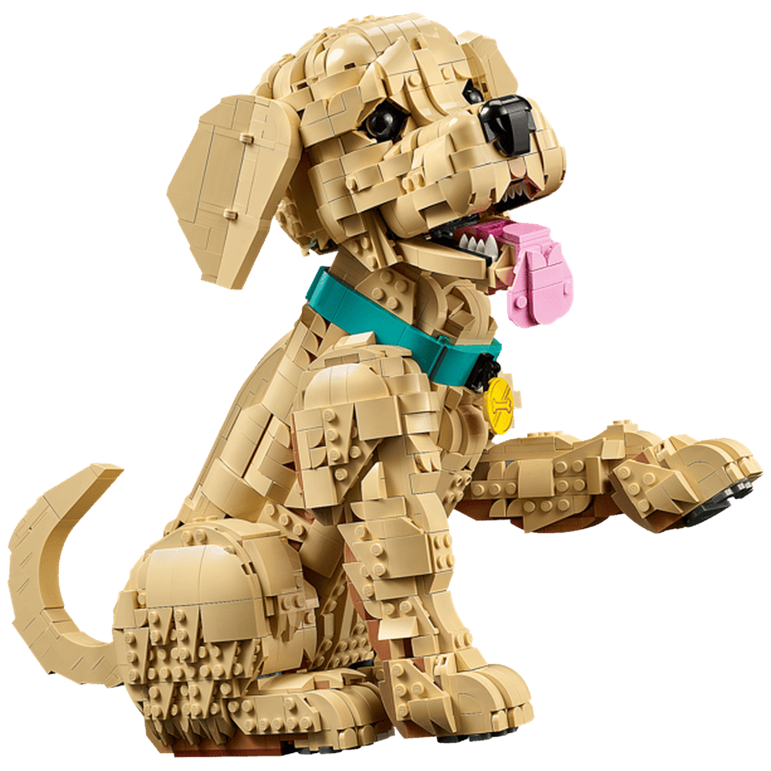 Een beige Lego-hond zit met uitgestrekte poot, tong naar buiten.