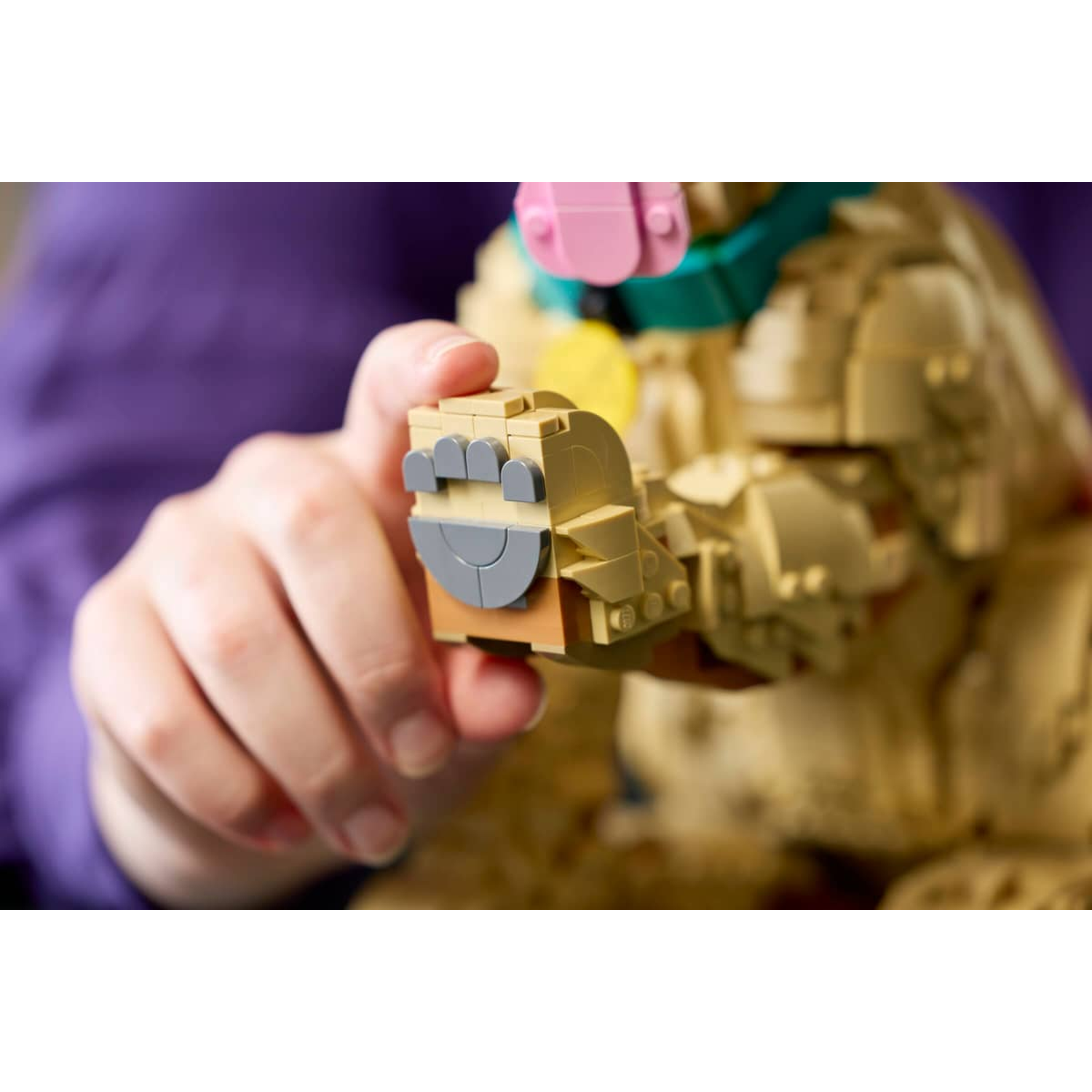 Een hand houdt een beige Lego hondenpoot met grijze kussentjes vast voor een wazige Lego-hond.