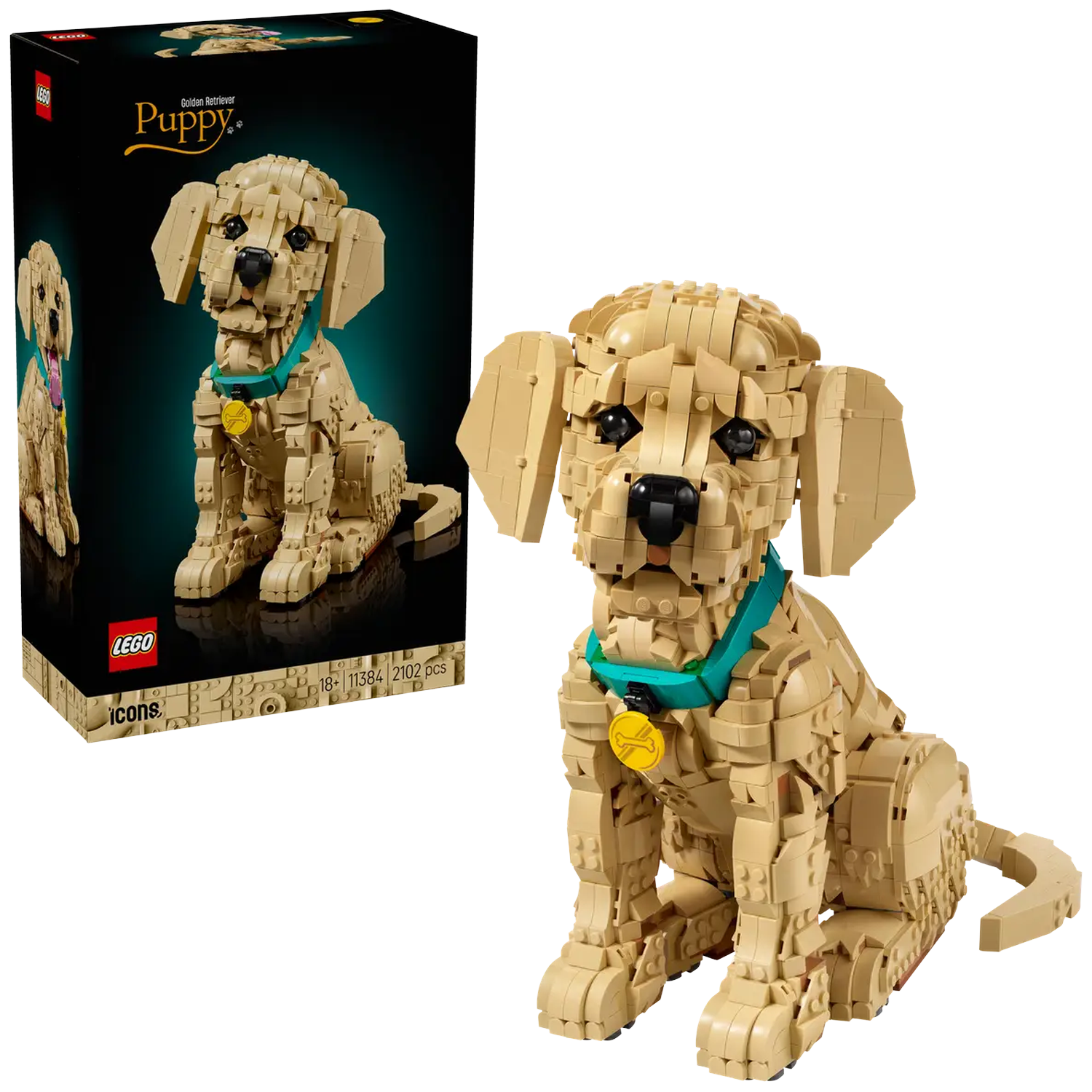 Een Lego model van een Golden Retriever puppy met halsband en penning.