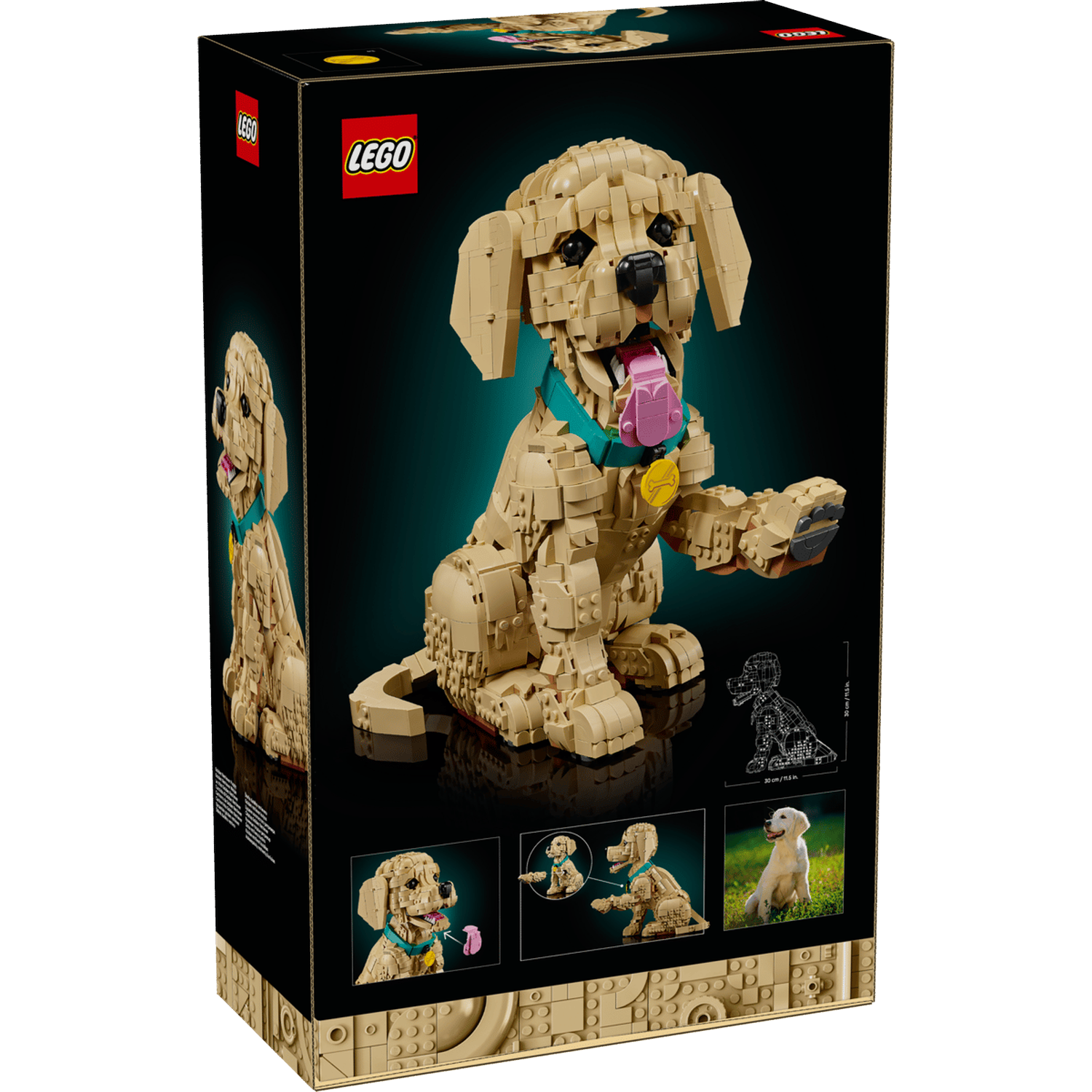 Lego-doos met een lichtbeige Lego Golden Retriever hond met open mond.