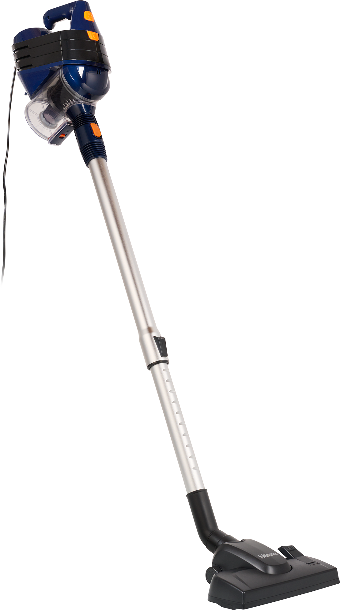 Un aspirateur sans fil bleu et argent avec une tête de sol noire.