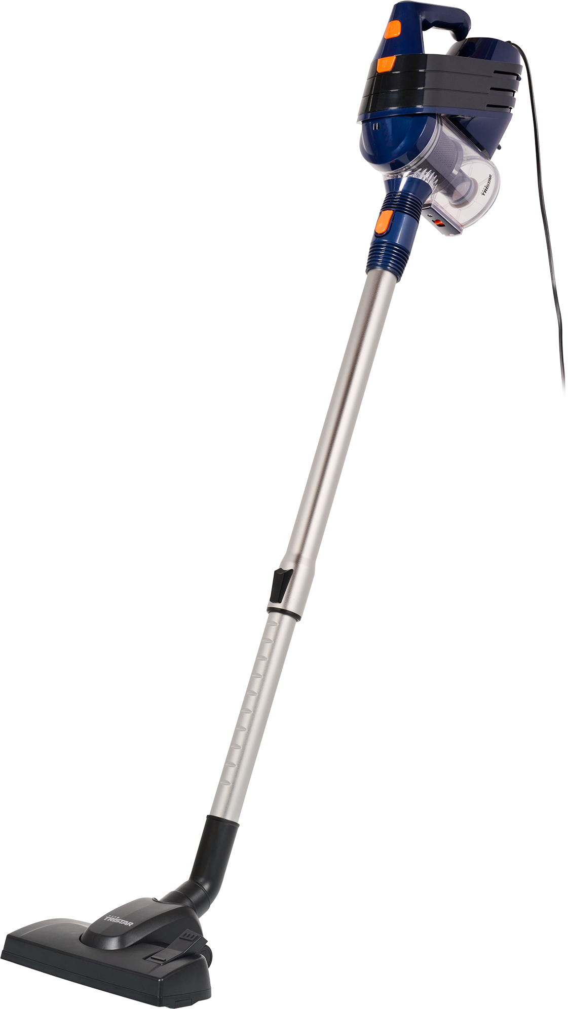 Un aspirateur à main bleu et argenté avec une tête de sol noire.