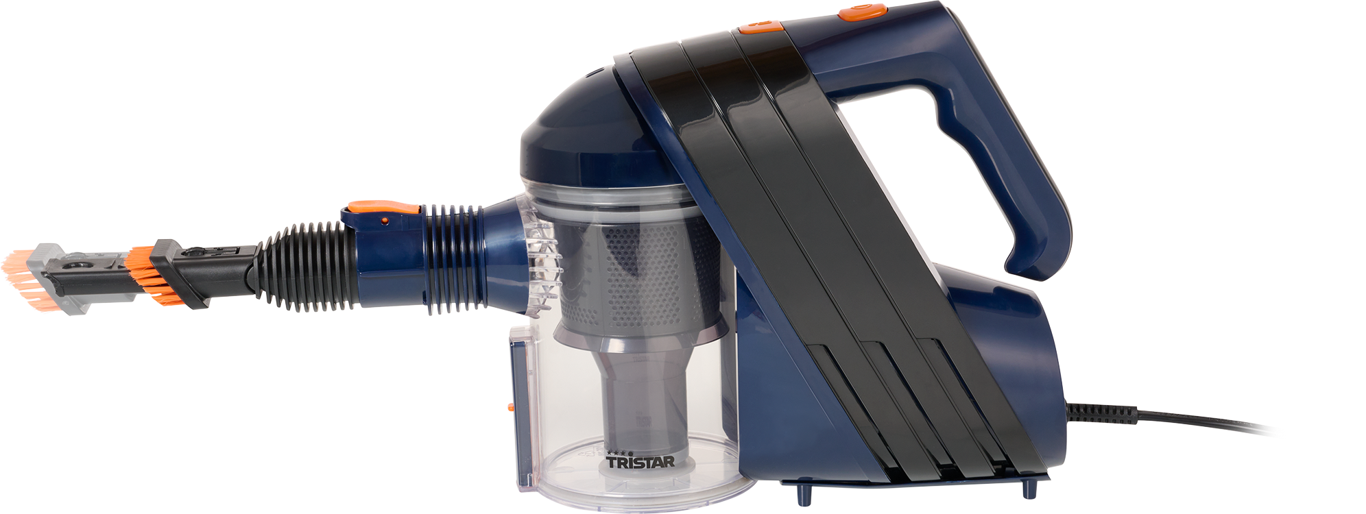 Un aspirateur à main bleu avec des accents orange et un embout brosse.