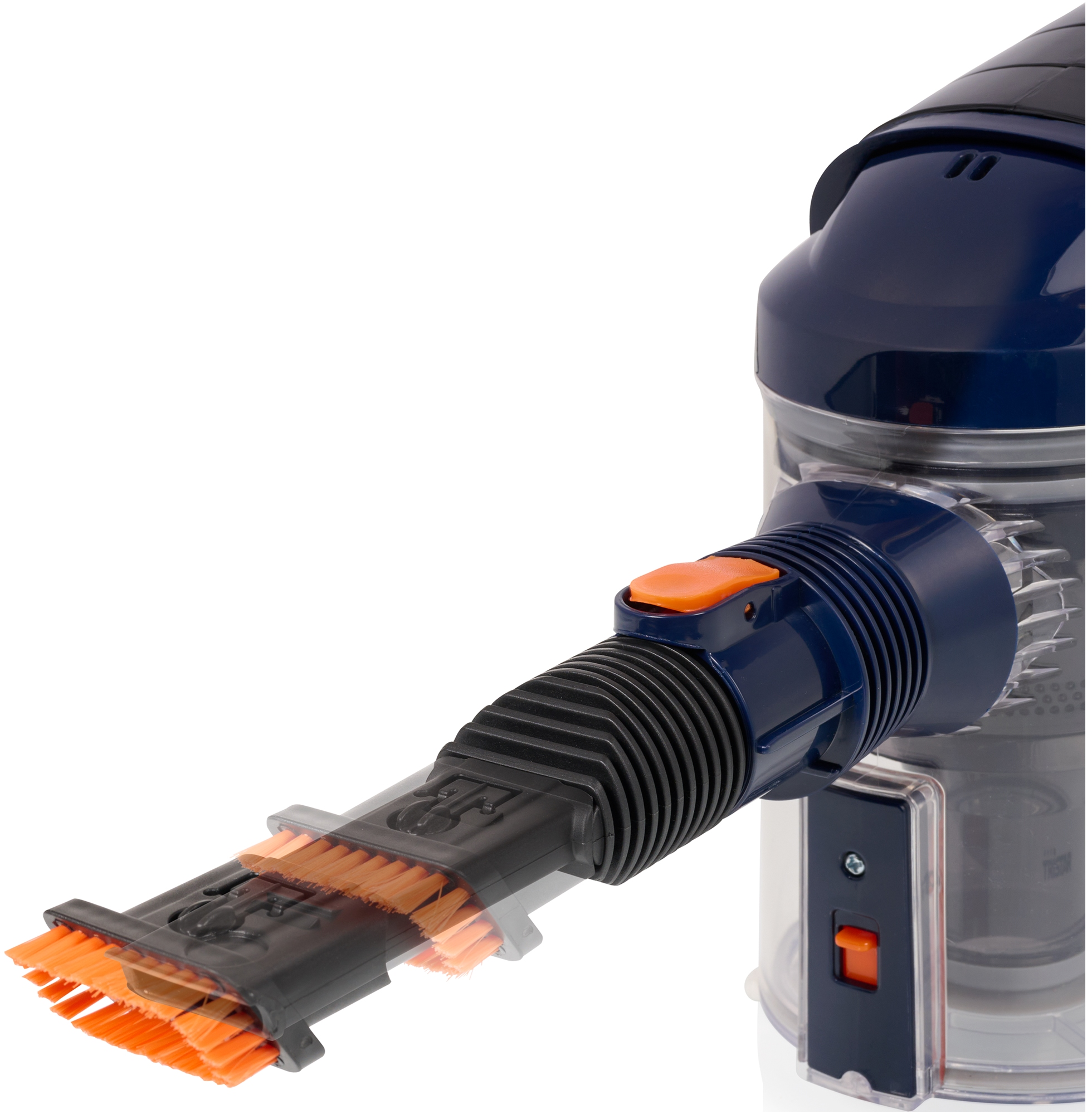 Un accessoire d'aspirateur bleu avec une brosse orange et un bouton orange.