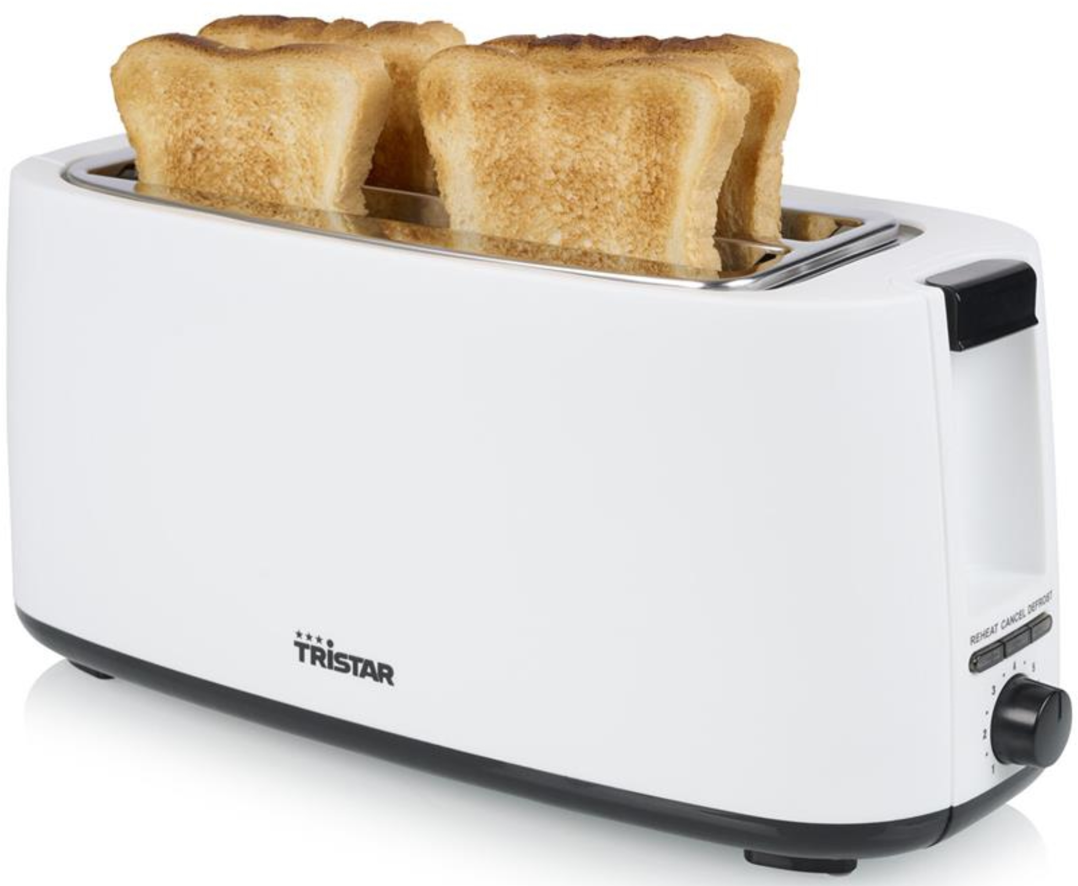 Un grille-pain blanc avec quatre tranches de pain grillé sortant des fentes.