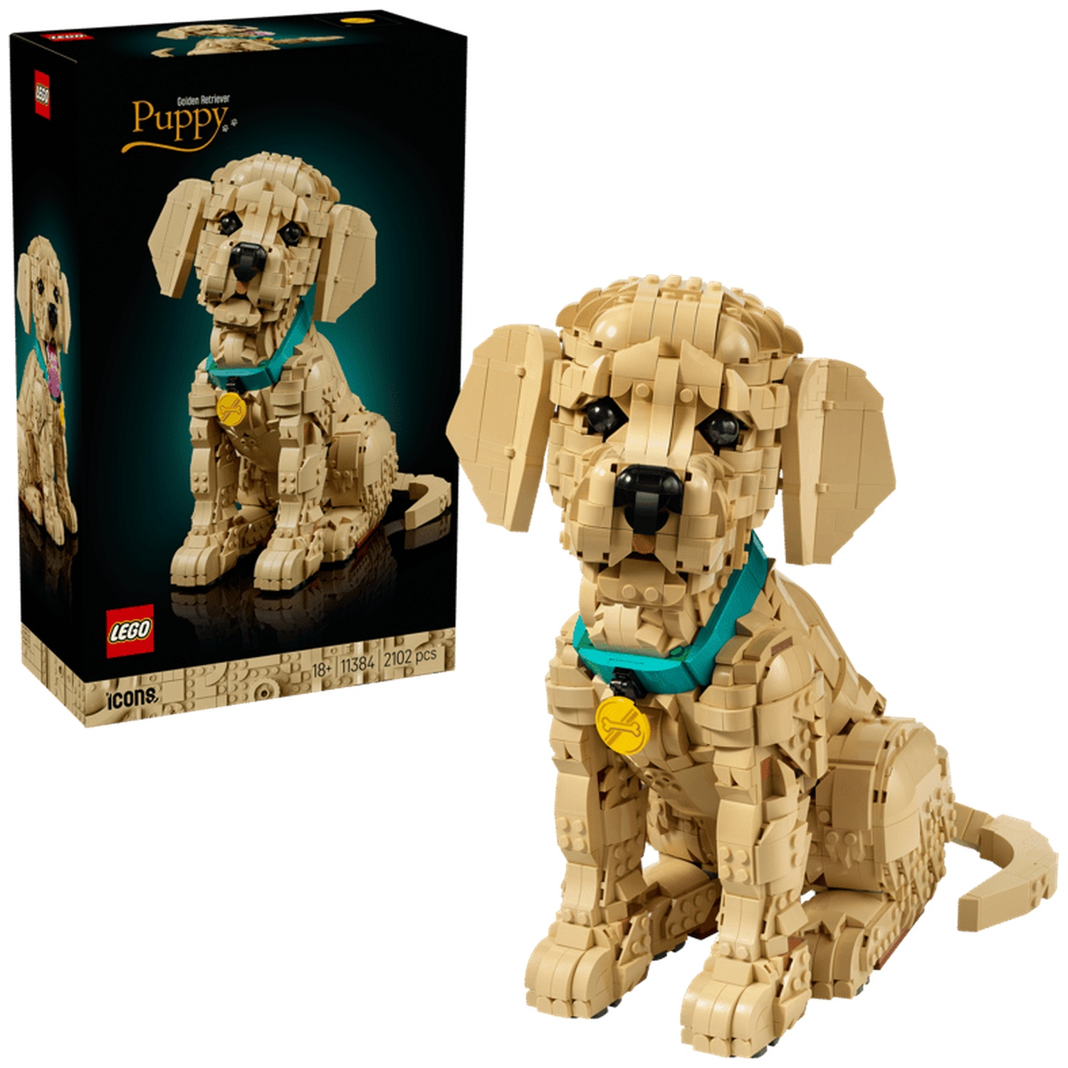 Een Lego-model van een golden retriever puppy met een turkooizen halsband zit.