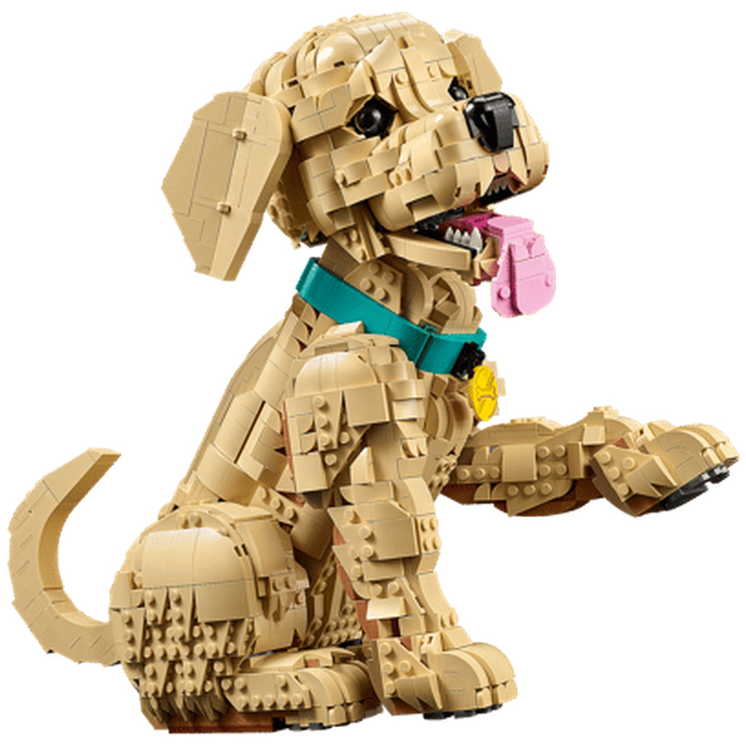 Een lichtbruine Lego-hond zit met roze tong en een turquoise halsband.