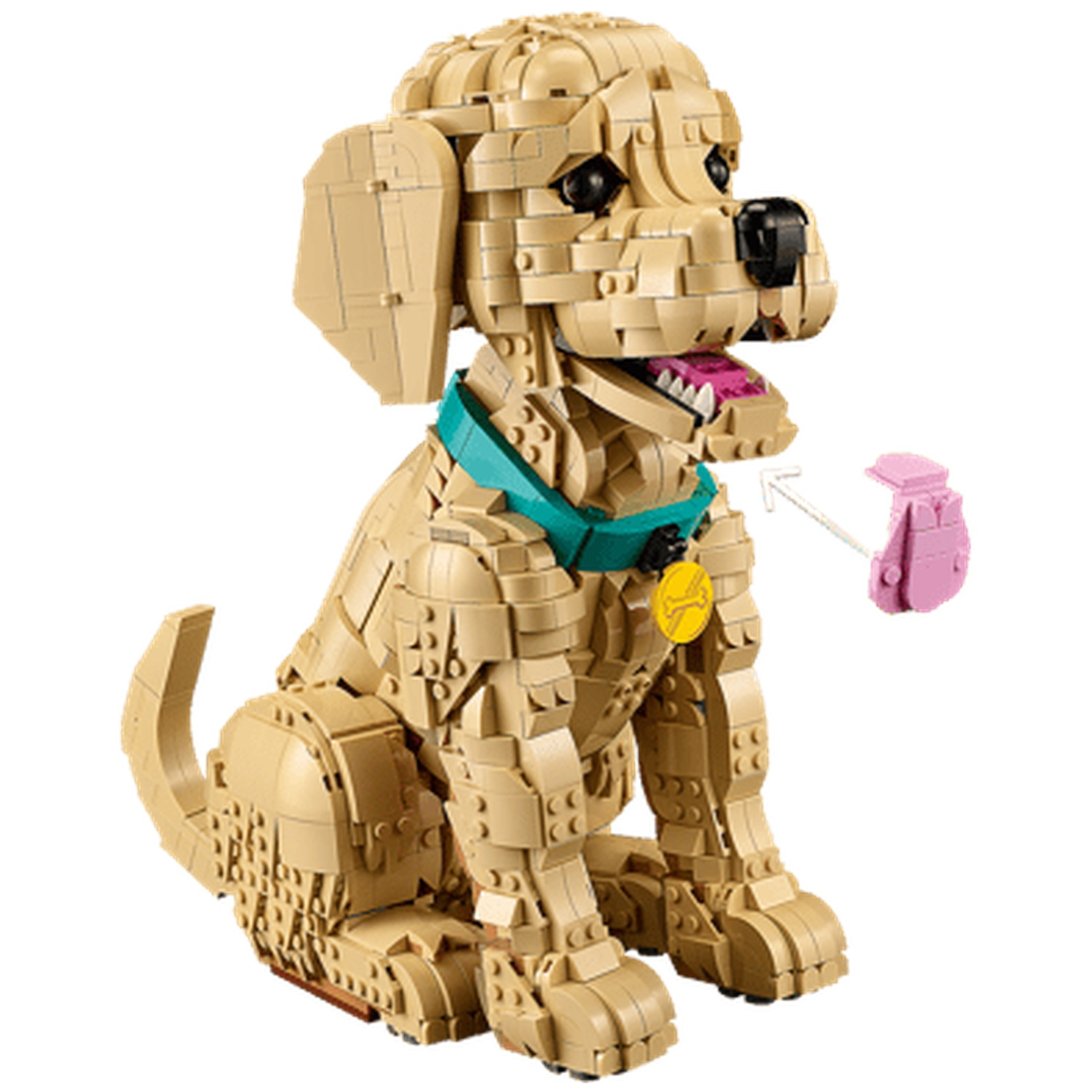 Een tan Lego hond met een turquoise halsband houdt een roze speeltje vast.