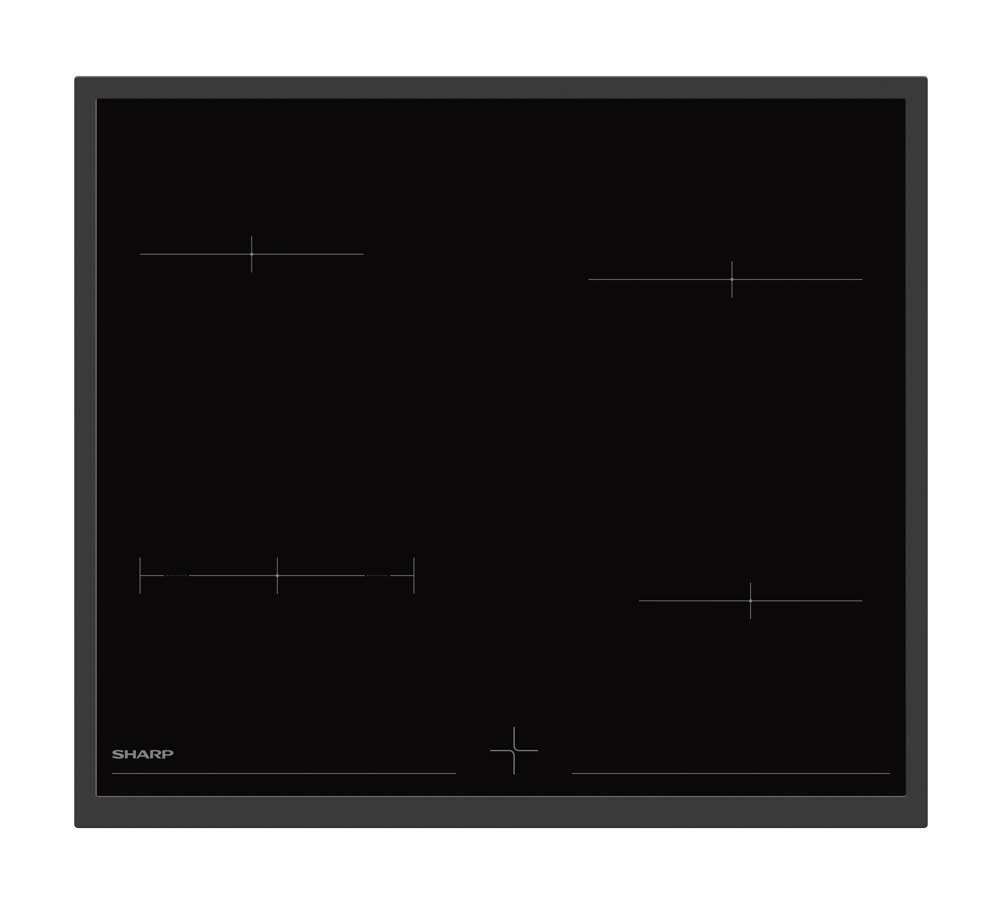 Ein schwarzes Glaskeramikkochfeld mit vier Kochzonen und dem SHARP-Logo.